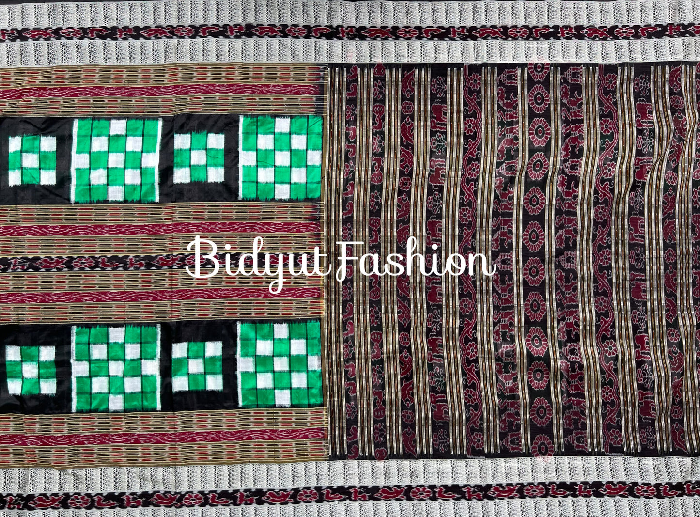 Handlooms of Odisha Sambalpuri Double Ikat Bichitrapuri Silk Saree Green color