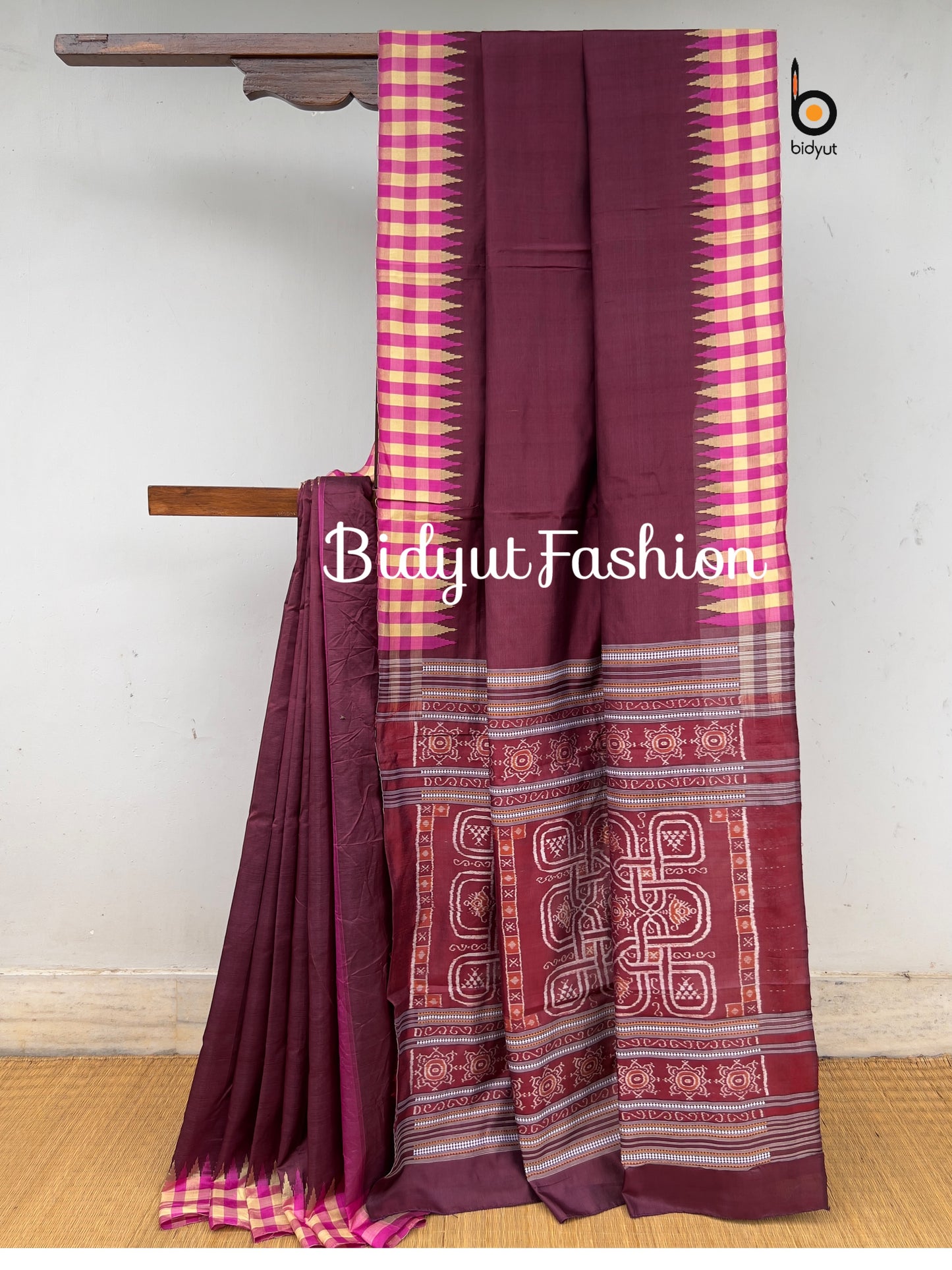 Handlooms of Odisha Sambalpuri Phoda Kumbha Ikat Tussar Silk saree Dark Maroon color