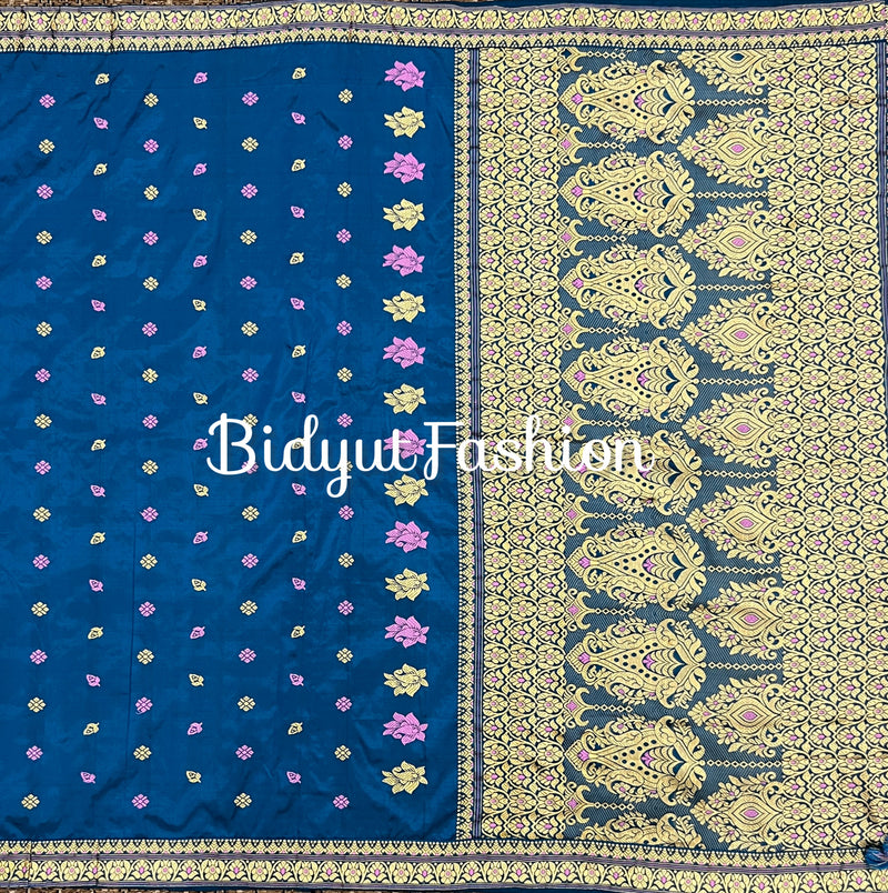 Assam Handloom Paat Silk Saree - Blue sari - Bidyut Fashion