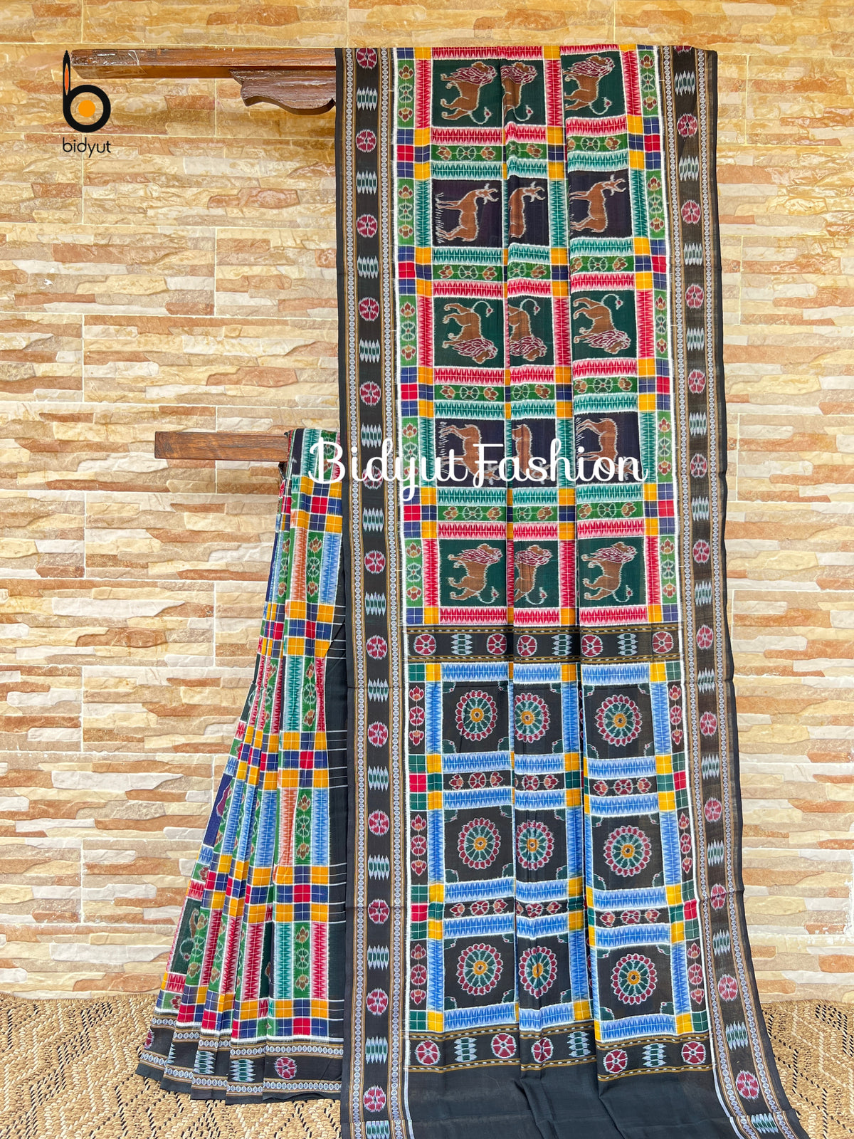 Handlooms of Odisha Sambalpuri Double Ikat Utkal Laxmi Cotton Saree multicolor green animal motif
