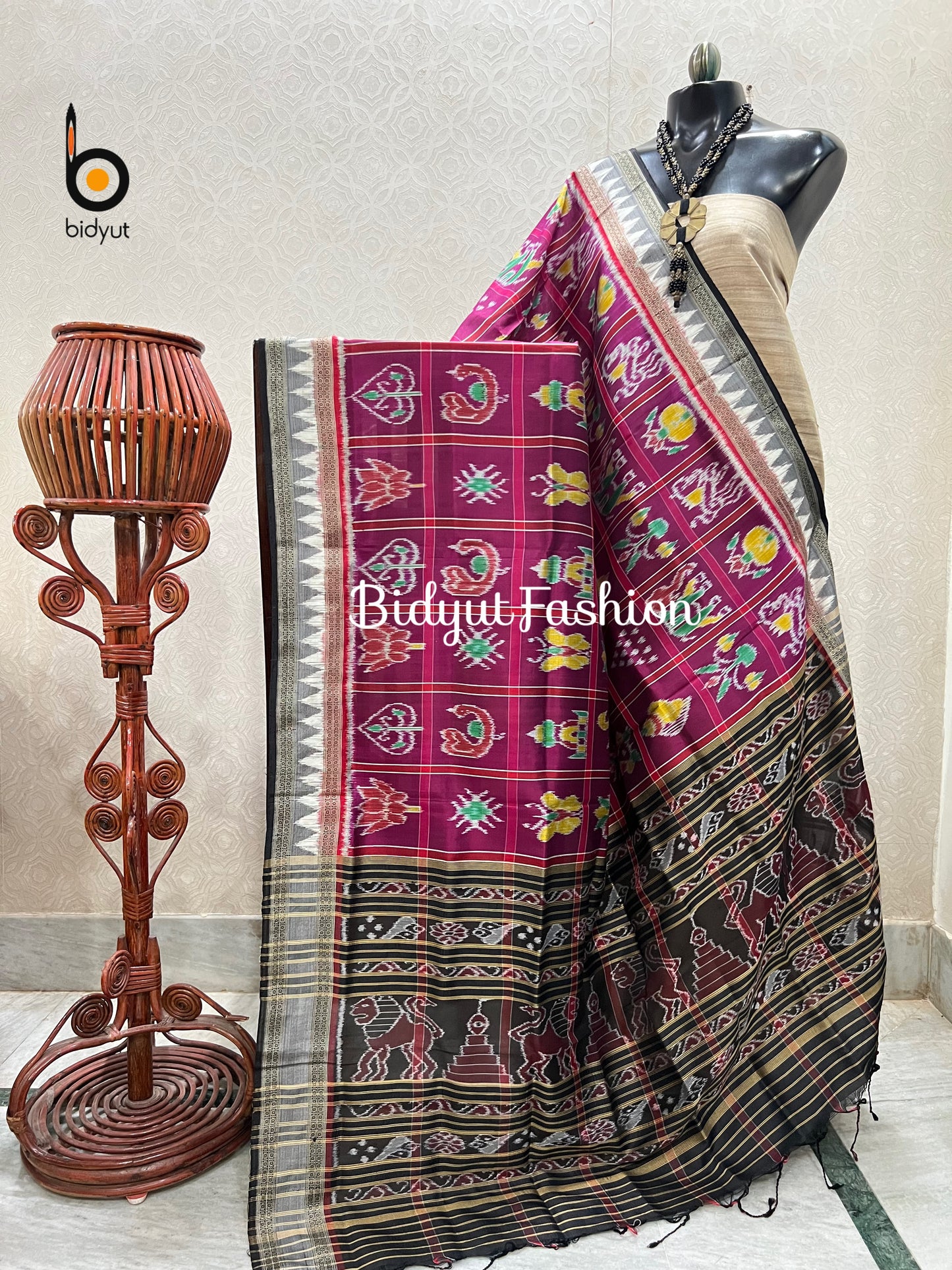 Magenta Pink Nabakothi Ikat Silk Dupatta | Odisha Handloom