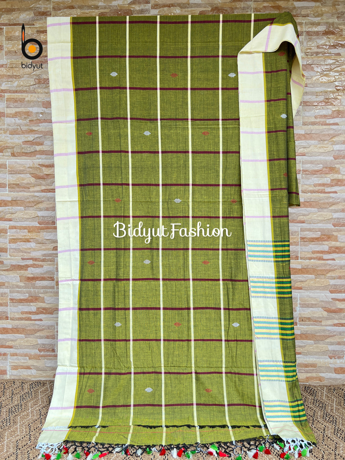 Handlooms of Odisha Santhal Tribal Cotton Sarees Olive green color