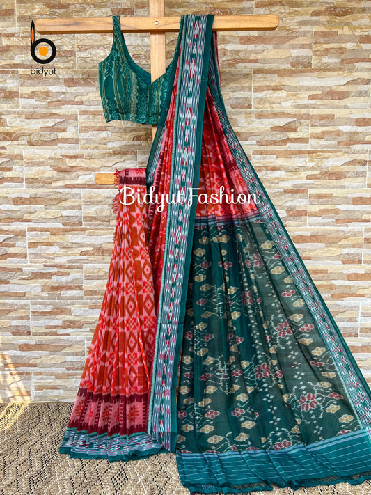 Odisha handloom Nuapatna Maniabandha Ikat Cotton Saree Orange color