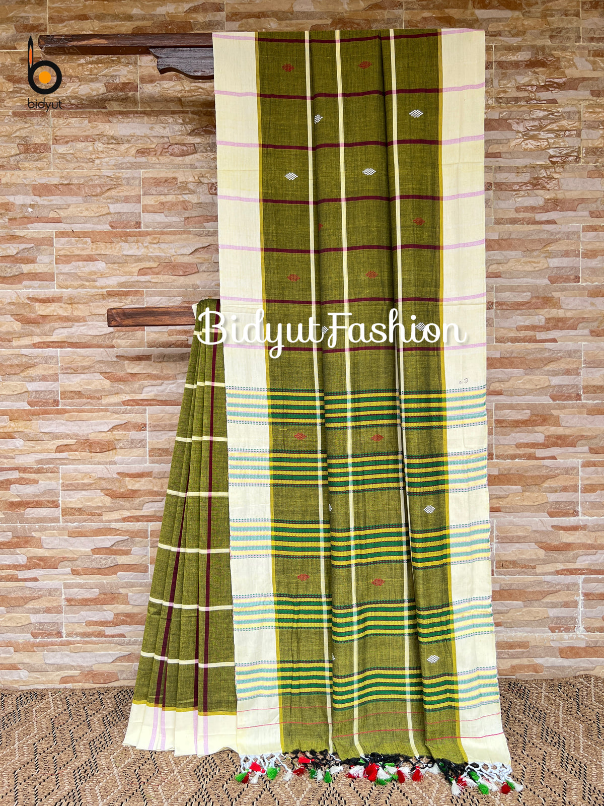 Handlooms of Odisha Santhal Tribal Cotton Sarees Olive green color