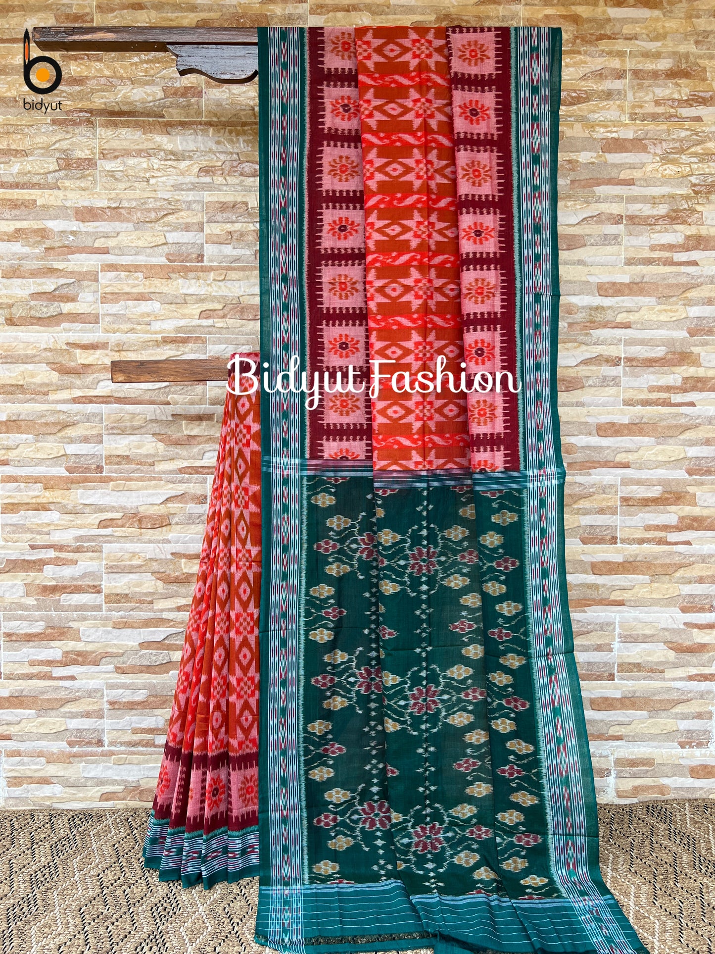 Odisha handloom Nuapatna Maniabandha Ikat Cotton Saree Orange color