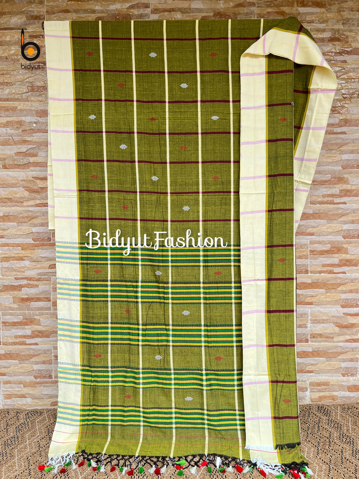 Handlooms of Odisha Santhal Tribal Cotton Sarees Olive green color