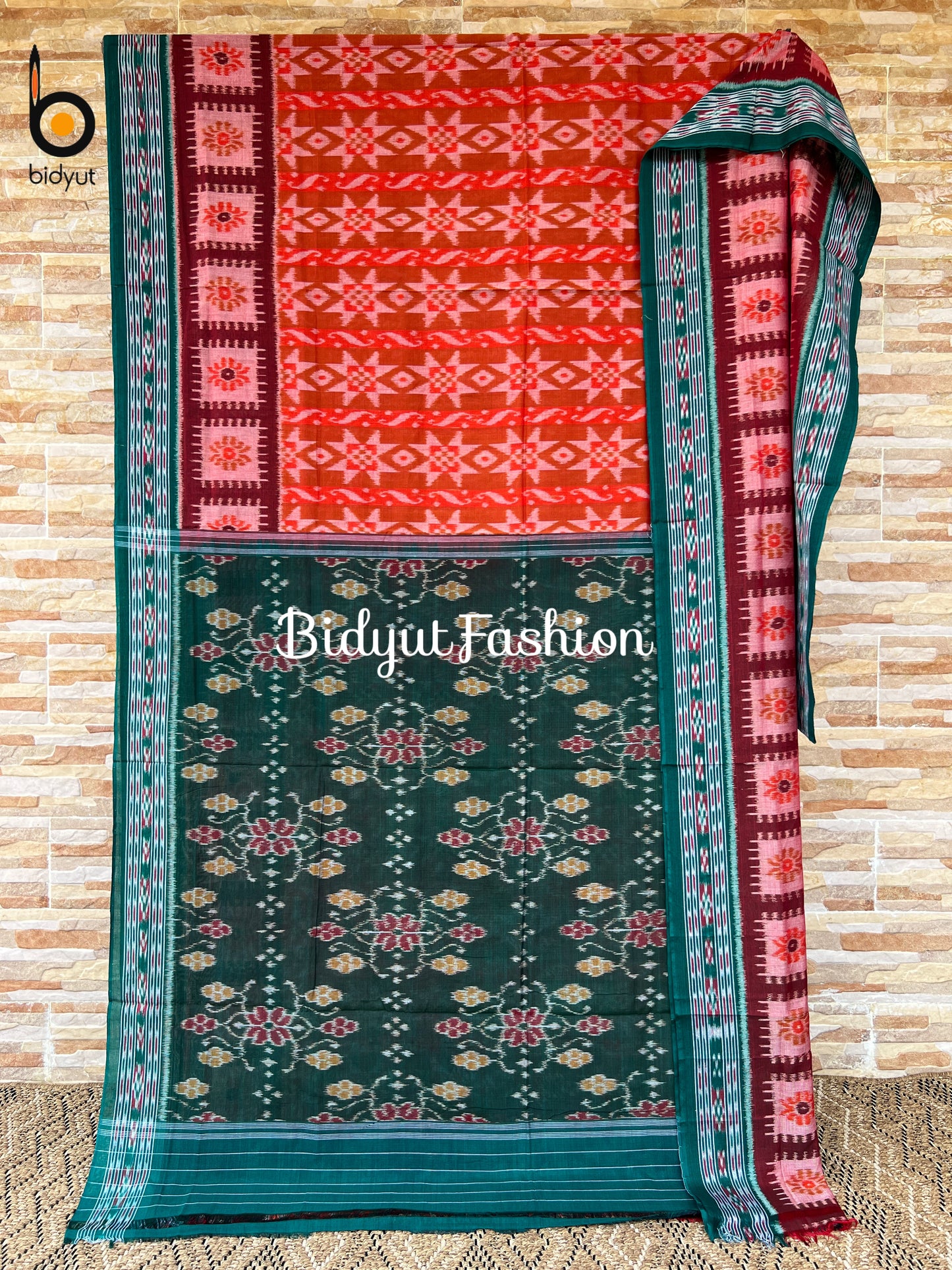 Odisha handloom Nuapatna Maniabandha Ikat Cotton Saree Orange color