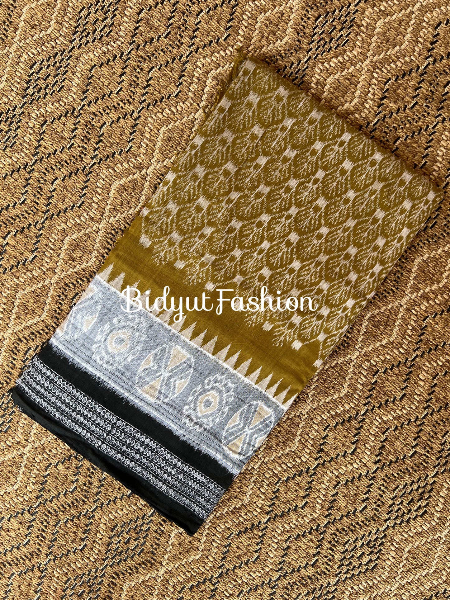 Handlooms of Odisha Sambalpuri Ikat Cotton Saree Olive Green Color
