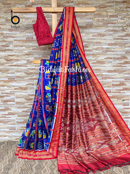 Handlooms of Odisha Nuapatna Khandua Nabakothi Ikat Silk Saree Blue color