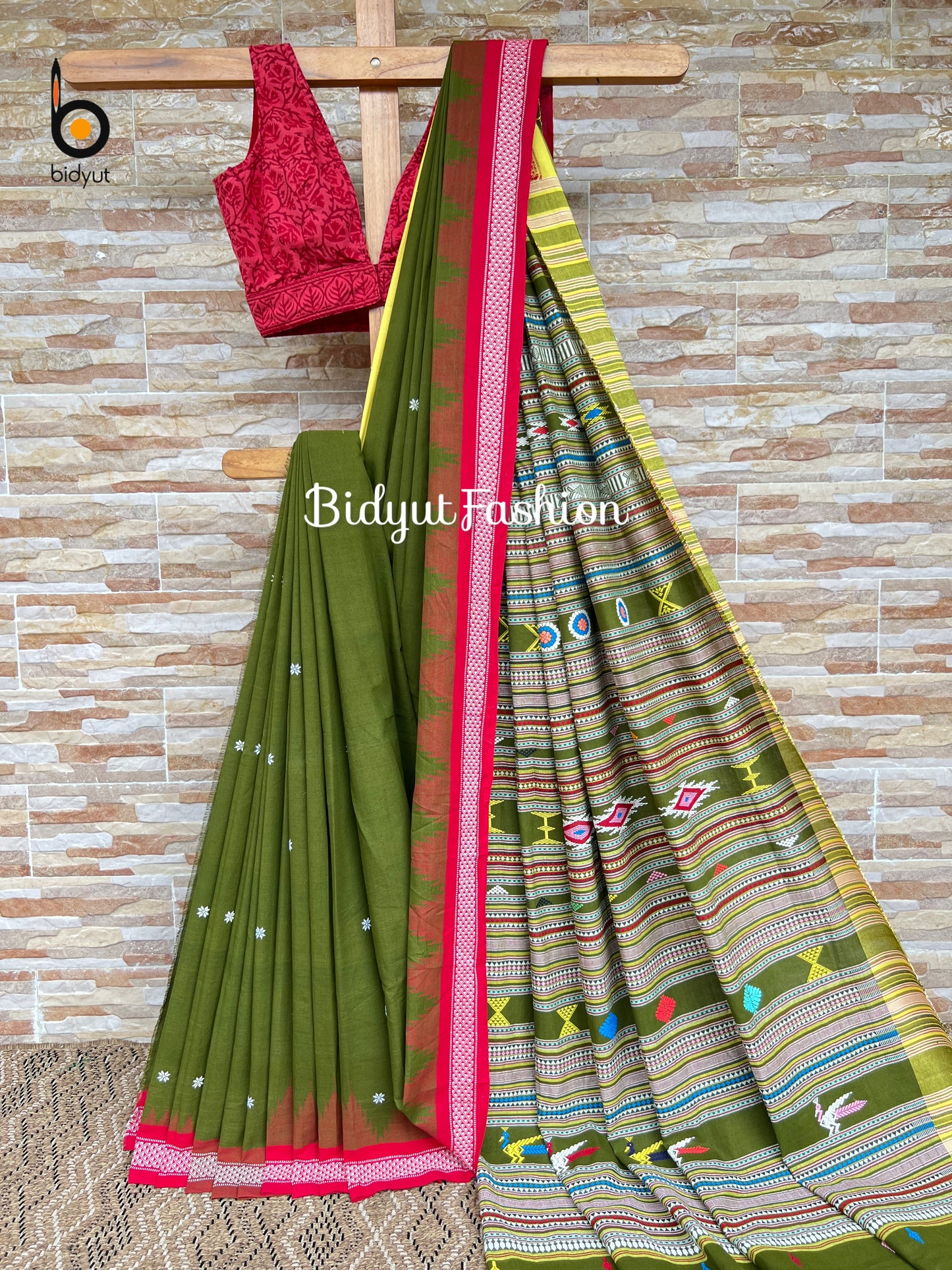 Handlooms of Odisha Ganjam Bomkai Cotton Saree Olive green color
