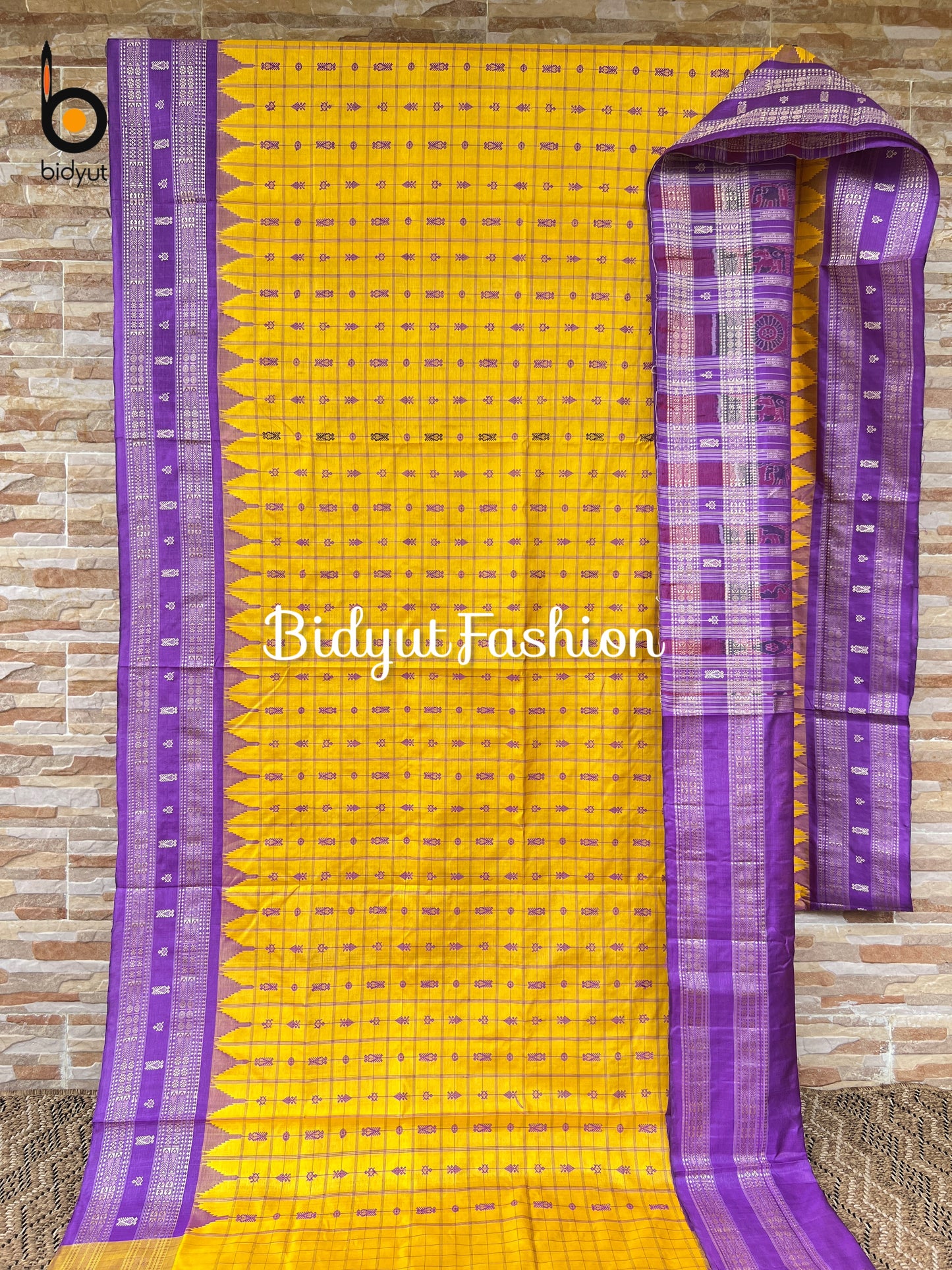 Royal Purple & Marigold Yellow Hazar Buti Silk Saree | Handwoven Odisha Sambalpuri Ikat Saree