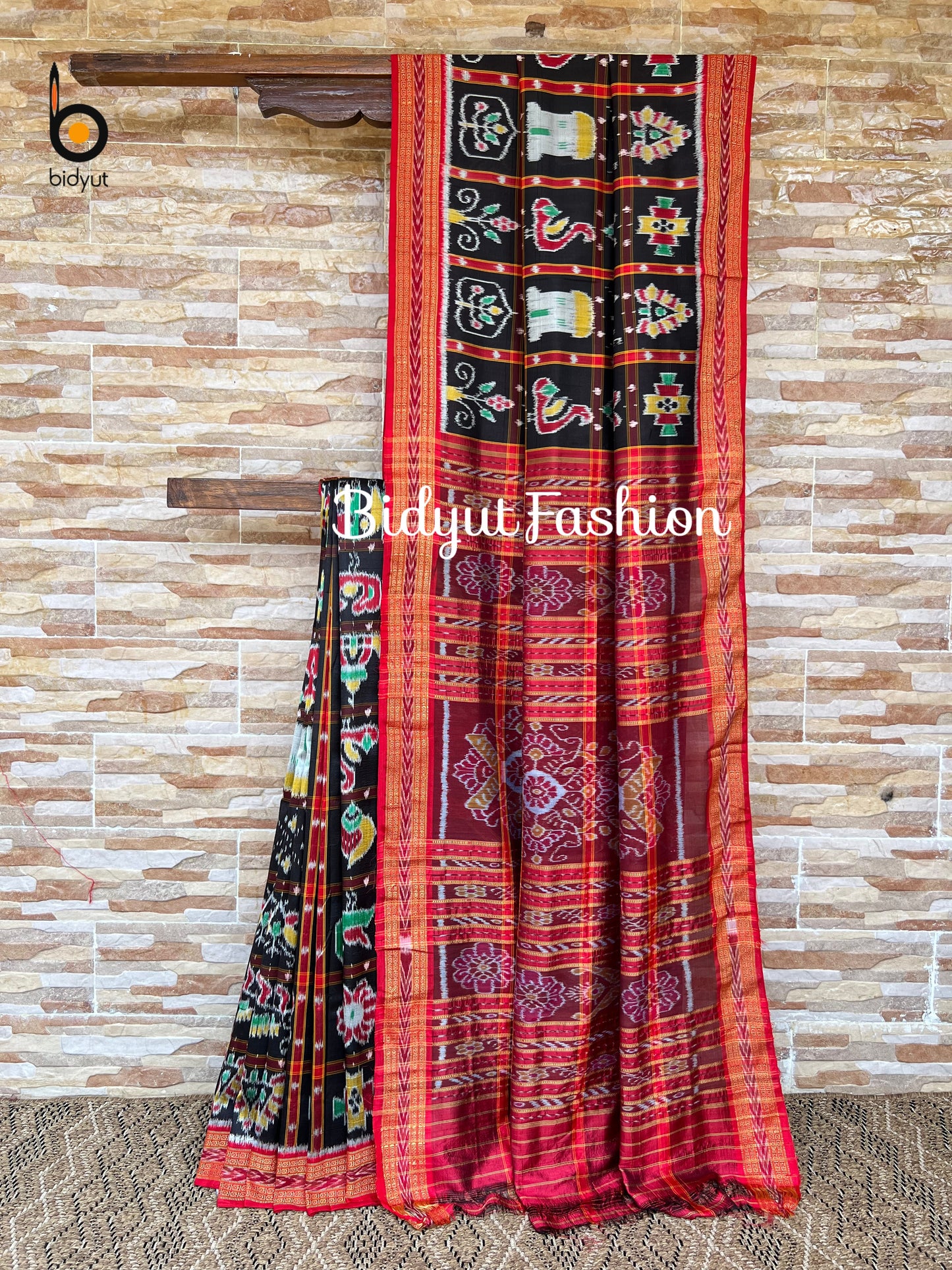 Handlooms of Odisha Nuapatna Khandua Nabakothi Ikat Silk Saree Black color