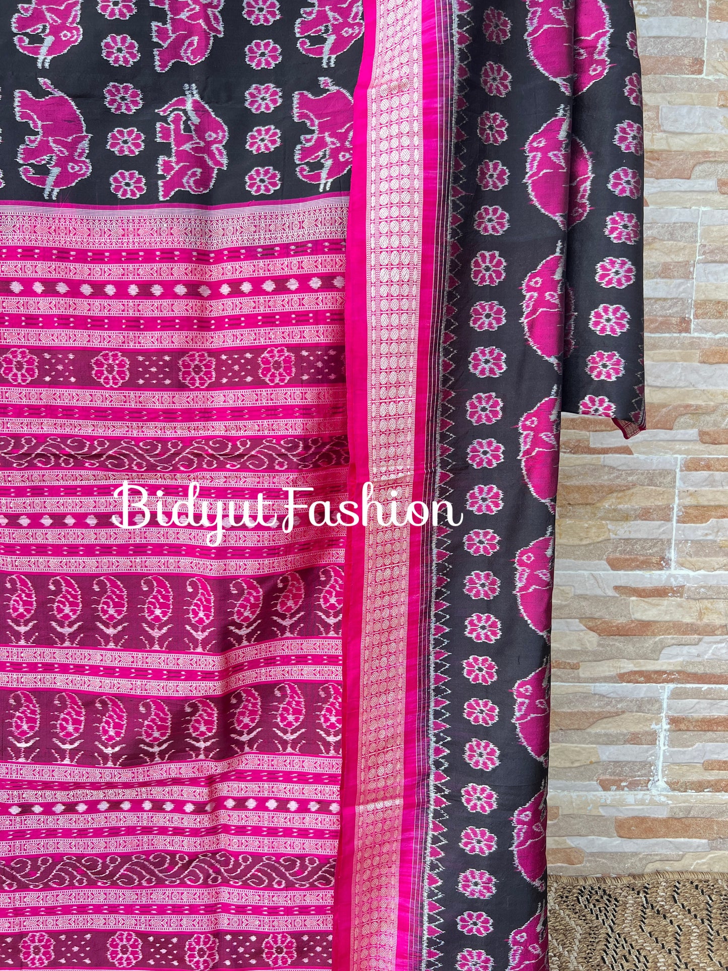 Handlooms of Odisha Sambalpuri Ikat Silk Saree Black & Magenta pink color