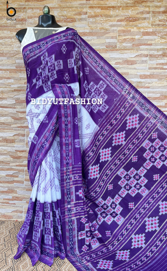 Handlooms of Odisha Maniabandha Nuapatna Taraballi Ikat Cotton Saree white purple color