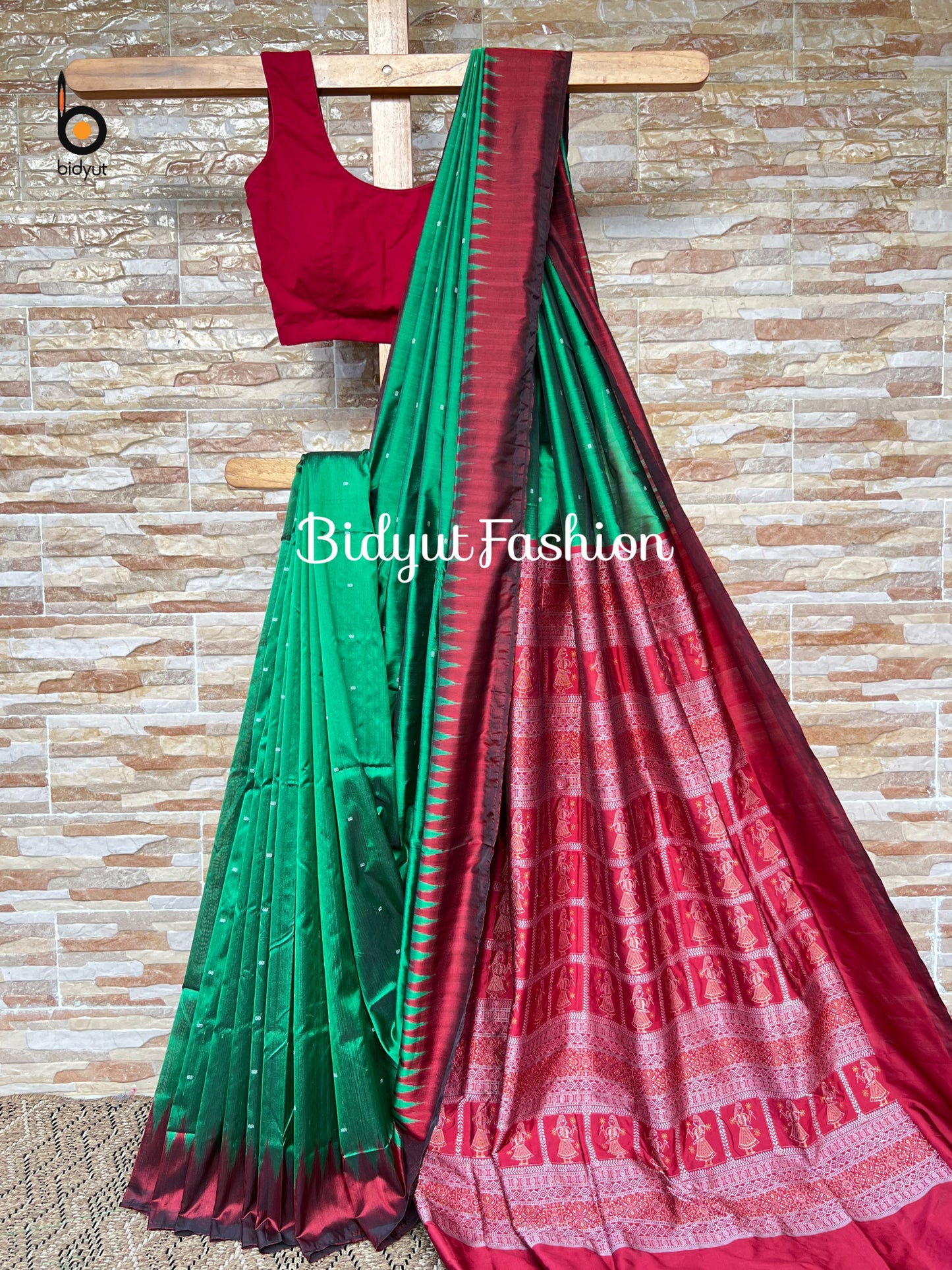 Handlooms of Odisha Bomkai Silk Saree Green color