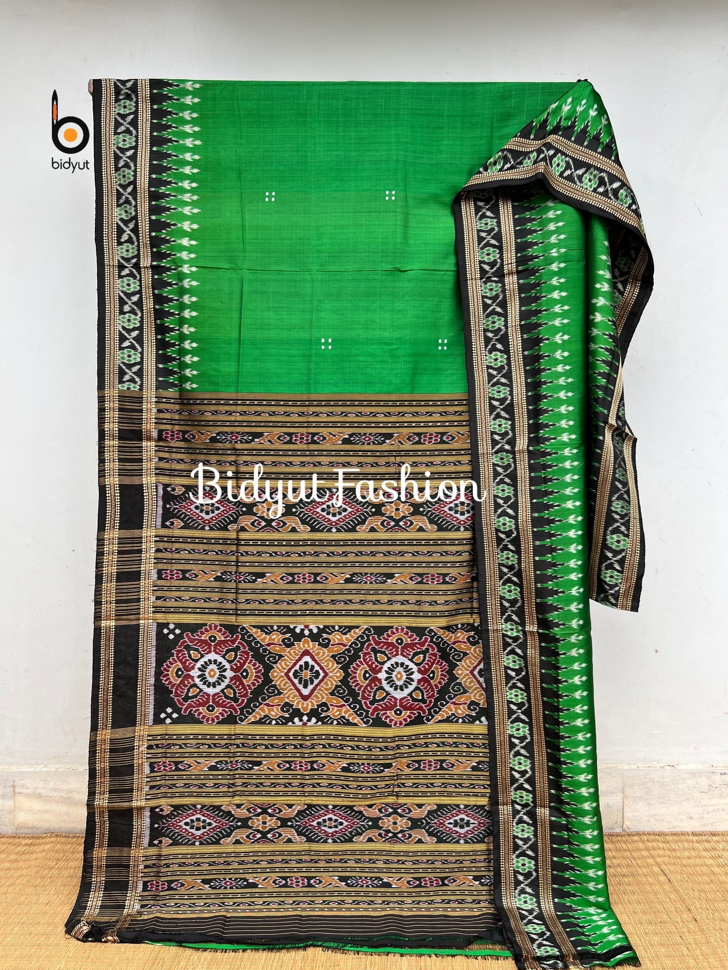 Handlooms of Odisha Nuapatna Khandua Ikat Silk Saree Green color