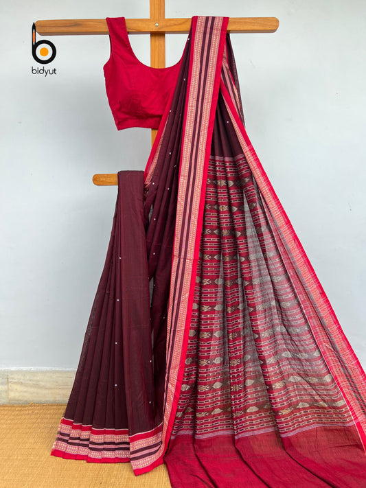 Odisha handloom Sambalpuri Bomkai with Ikat palla Cotton Saree Burgundy color
