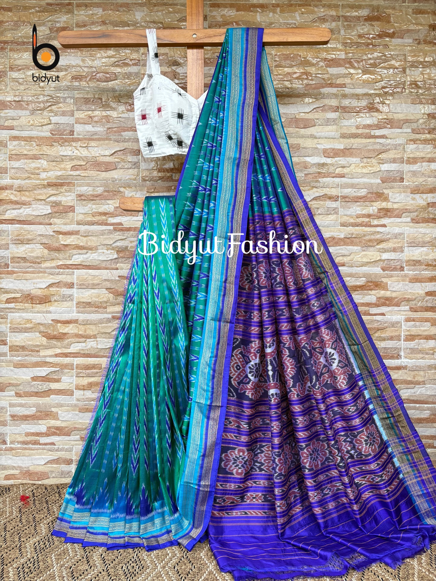 Handlooms of Odisha Nuapatna Khandua Ikat Silk Saree Blue color