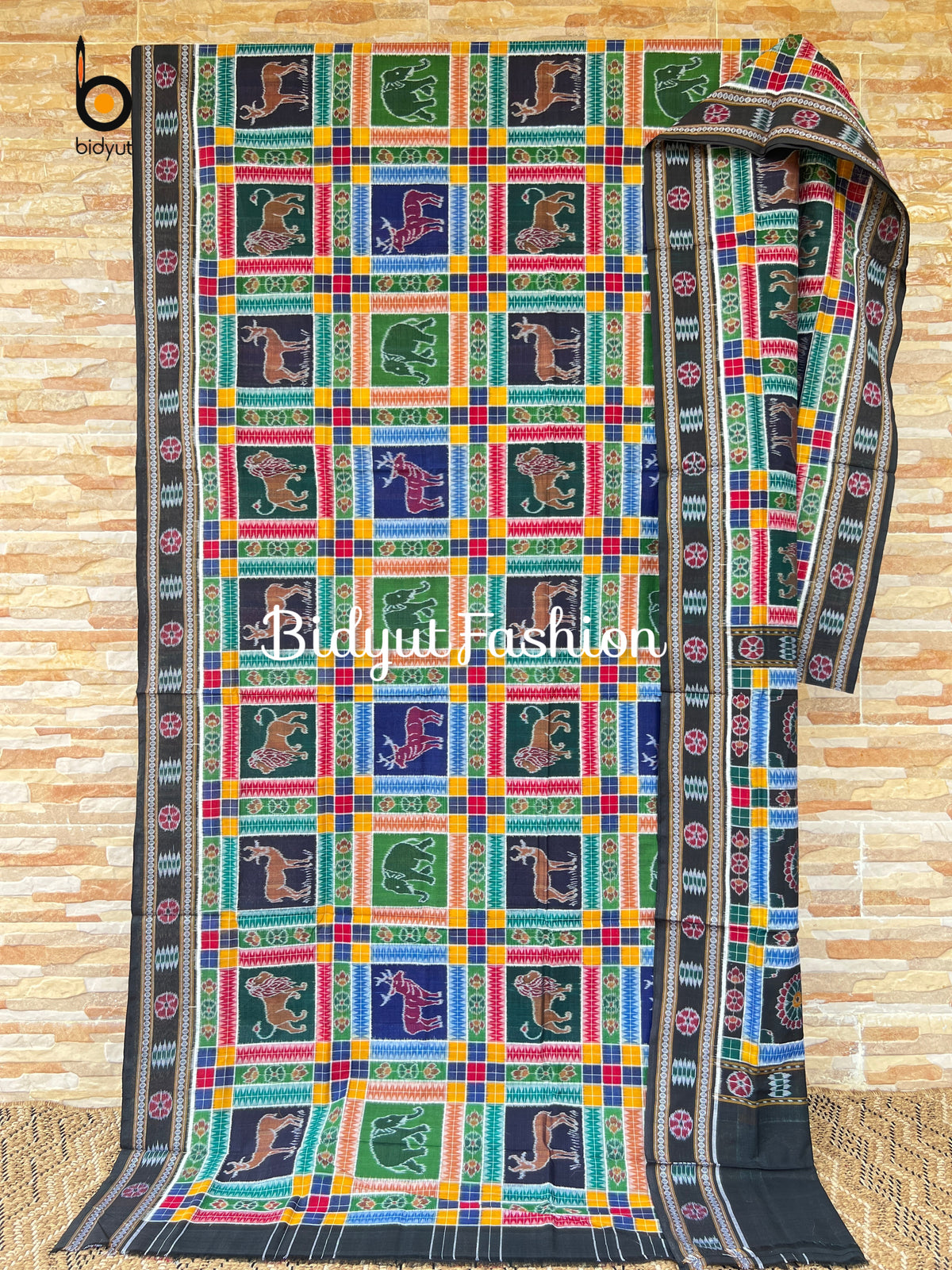 Handlooms of Odisha Sambalpuri Double Ikat Utkal Laxmi Cotton Saree multicolor green animal motif