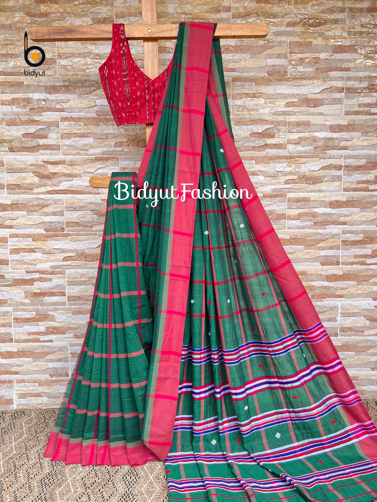 Handlooms of Odisha Santhal Tribal Cotton Sarees Bottle Green color