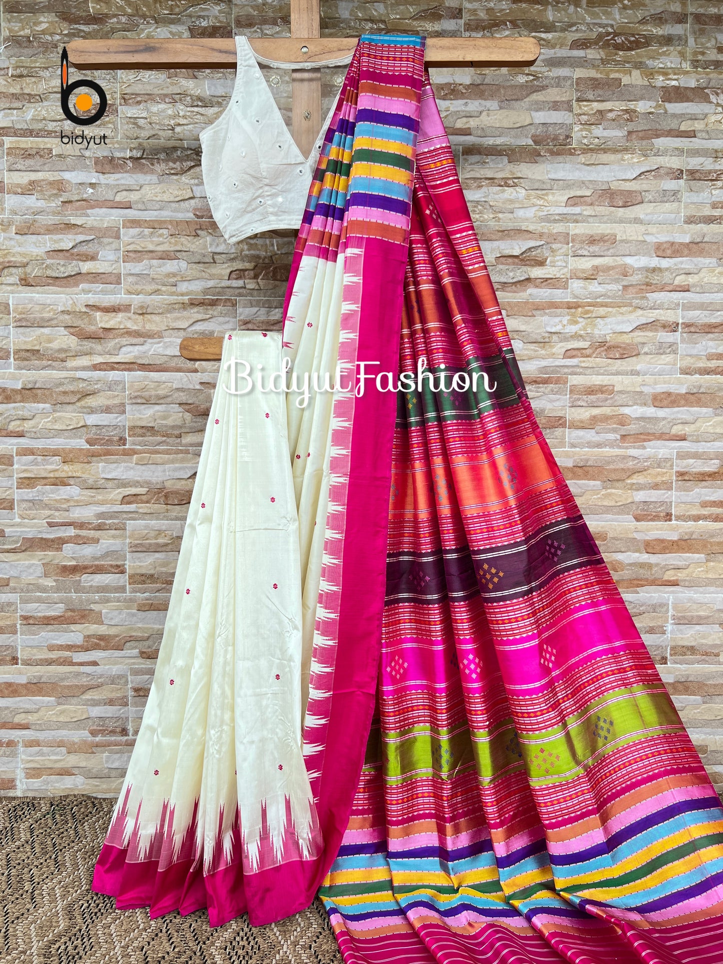 Handlooms of Odisha Berhampuri Double Palla Silk Saree white color