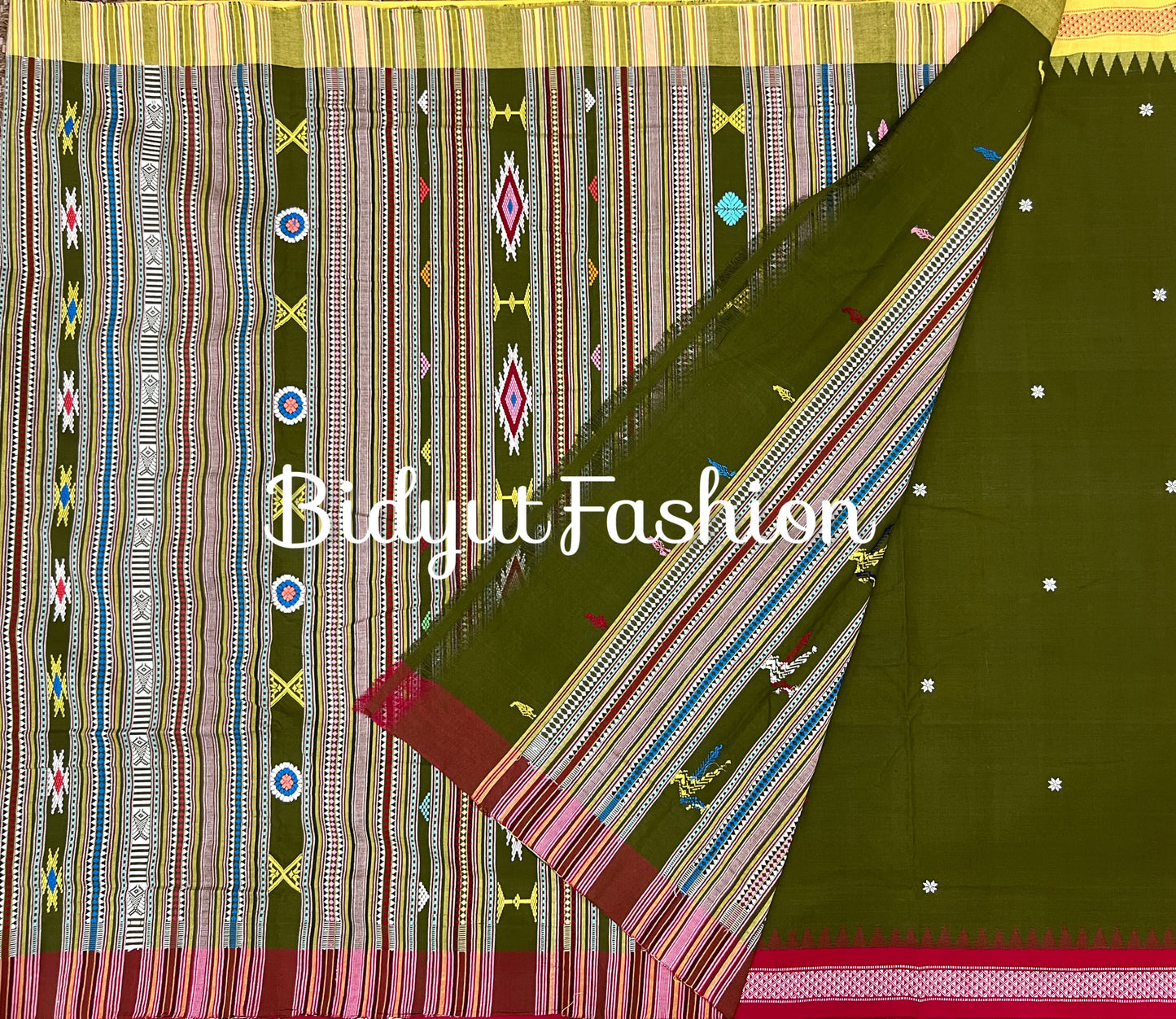 Handlooms of Odisha Ganjam Bomkai Cotton Saree Olive green color