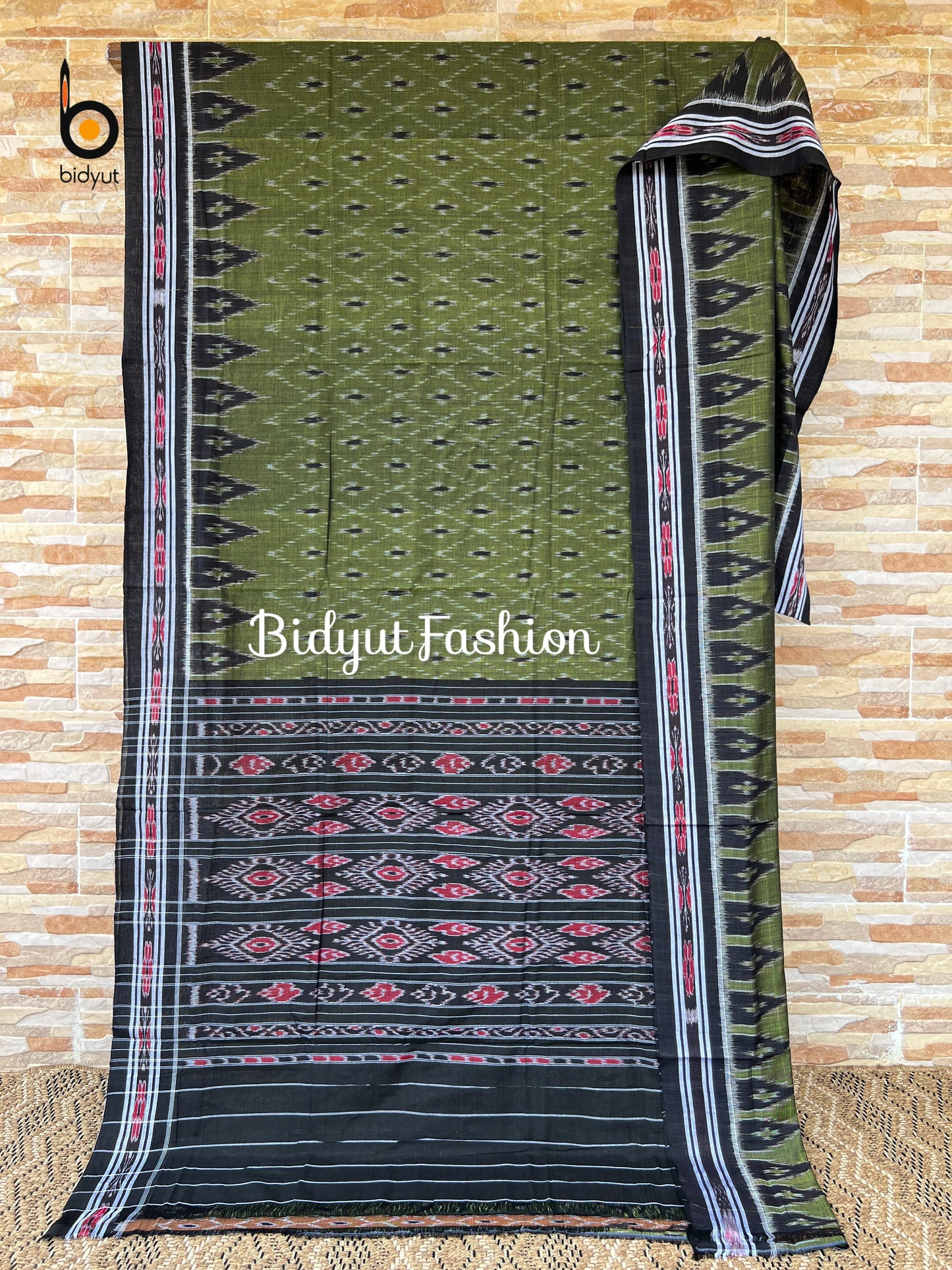 Handlooms of Odisha Maniabandha Nuapatna Ikat Cotton Saree Olive Green Color
