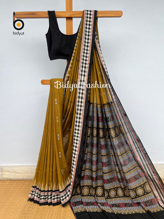 Handlooms of Odisha Sambalpuri Bomkai Cotton Saree Olive green color