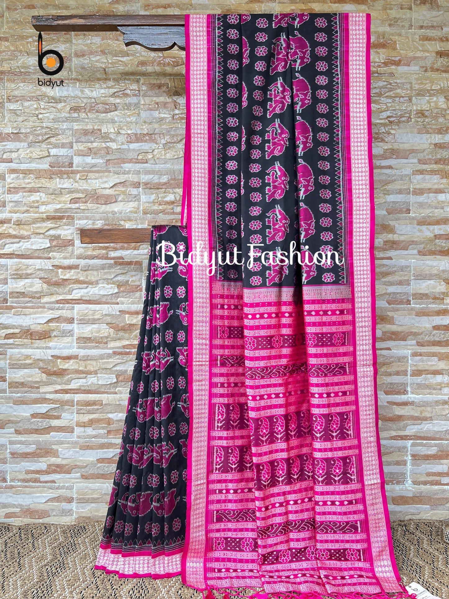 Handlooms of Odisha Sambalpuri Ikat Silk Saree Black & Magenta pink color