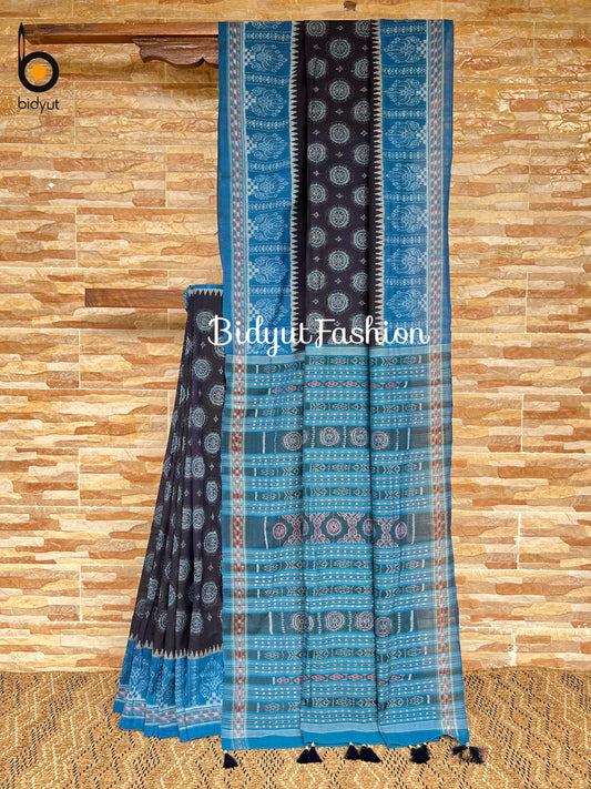 Handlooms of Odisha Sambalpuri Ikat cotton saree black blue color