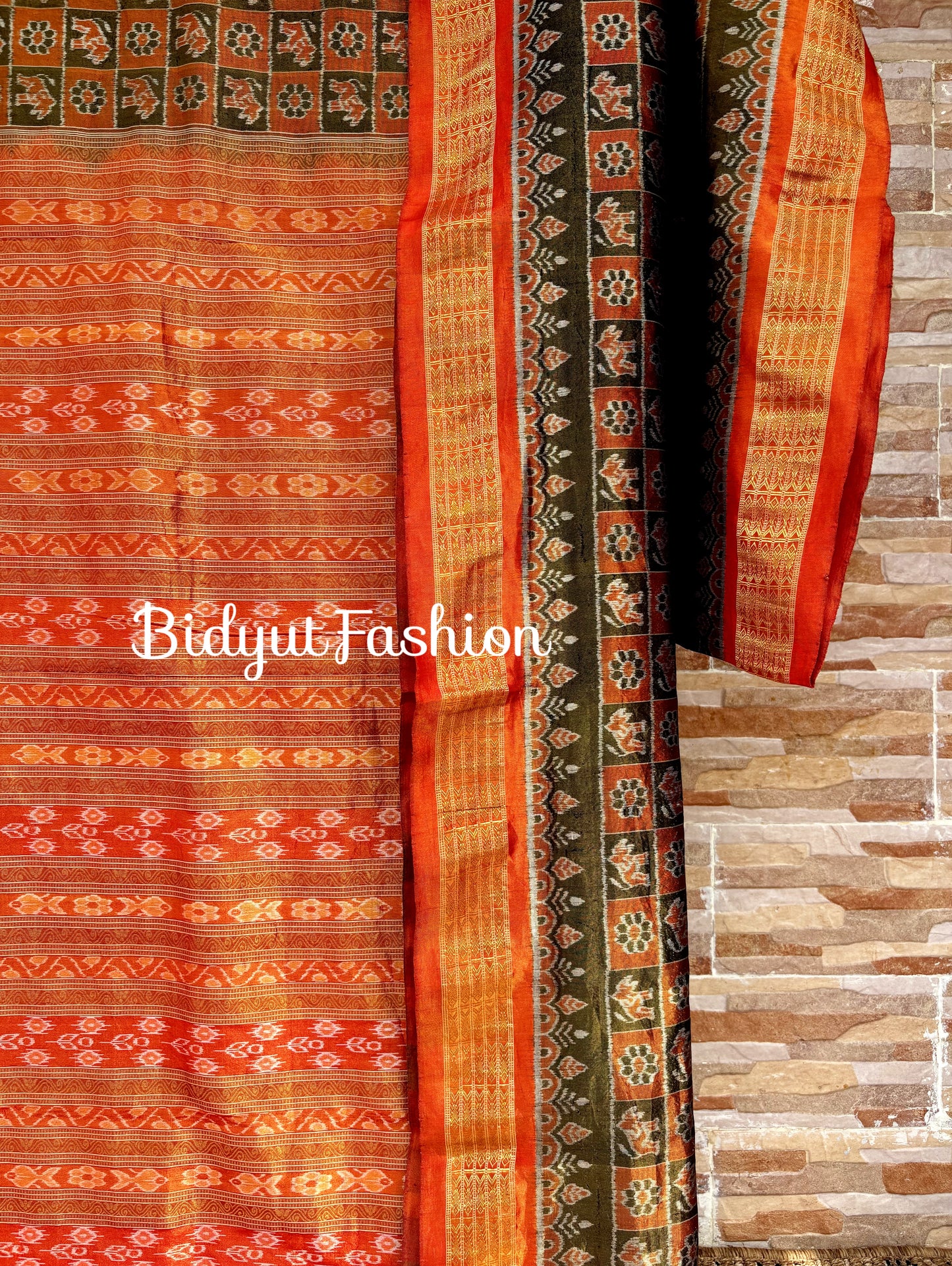 Handlooms of Odisha Sambalpuri Ikat Tissue Silk Saree Olive Green with Rust Orange color