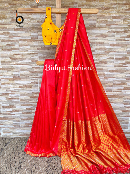 Handlooms of Assam Paat Silk Saree - Vermilion Red Color