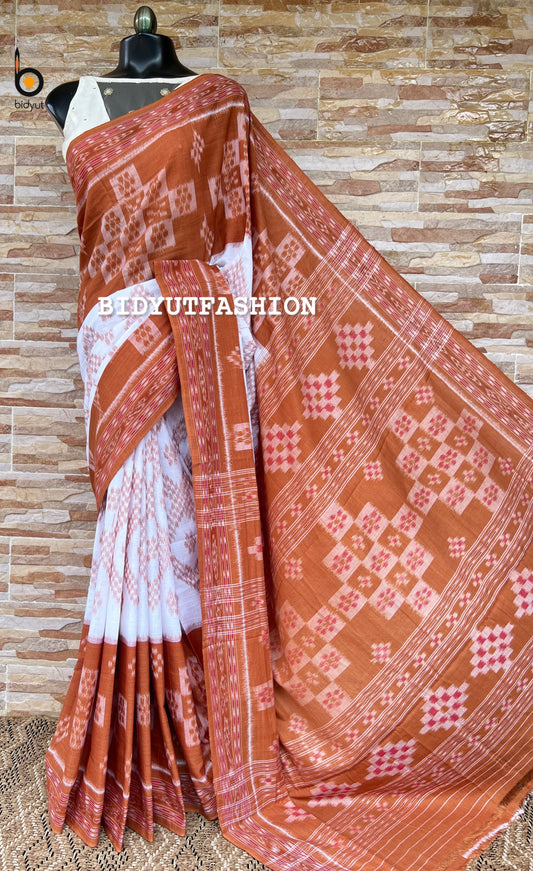 Handlooms of Odisha Maniabandha Nuapatna Taraballi Ikat Cotton Saree white brown color