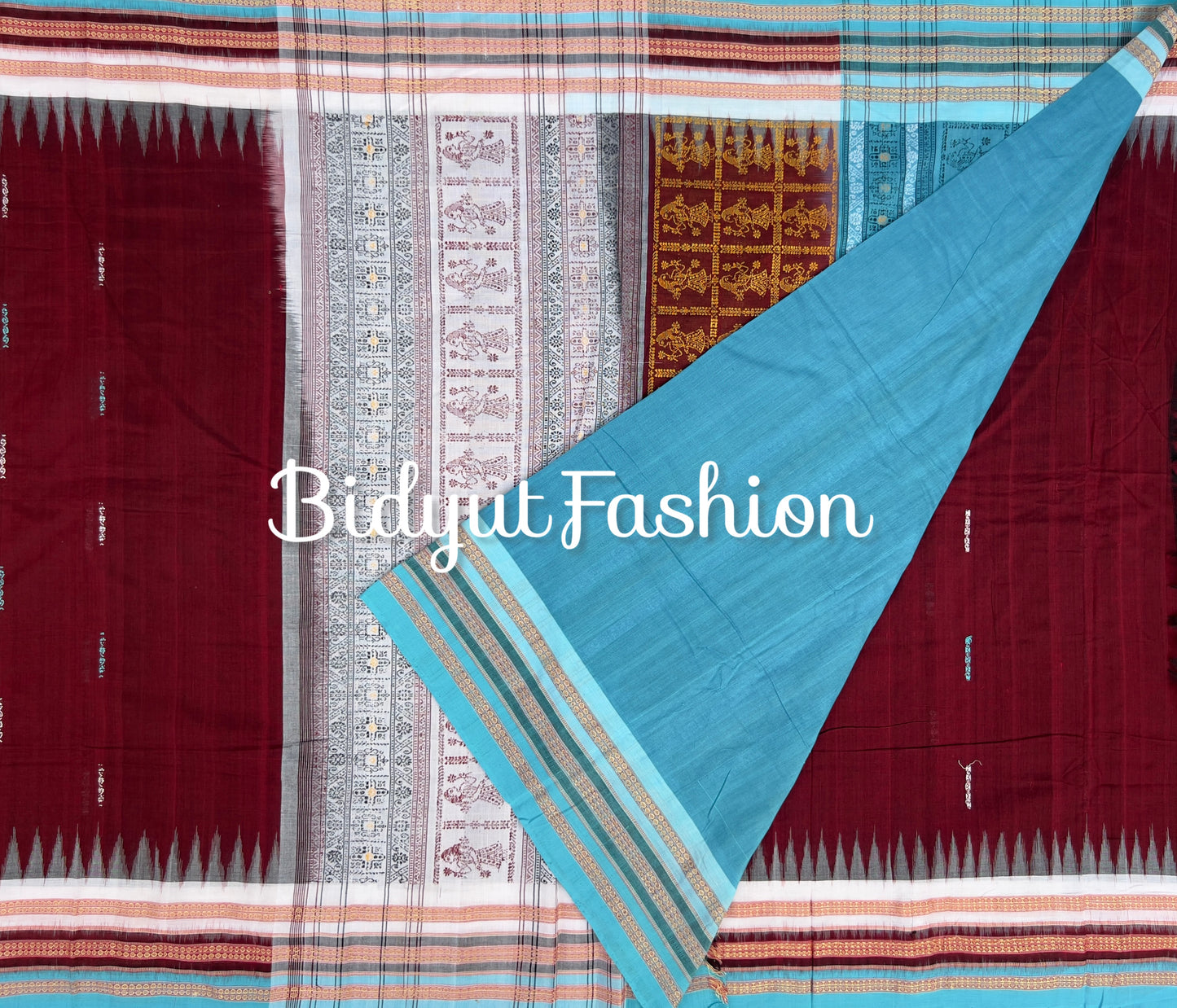 Handlooms of Odisha Sambalpuri Bomkai Putli design Cotton Saree Maroon color