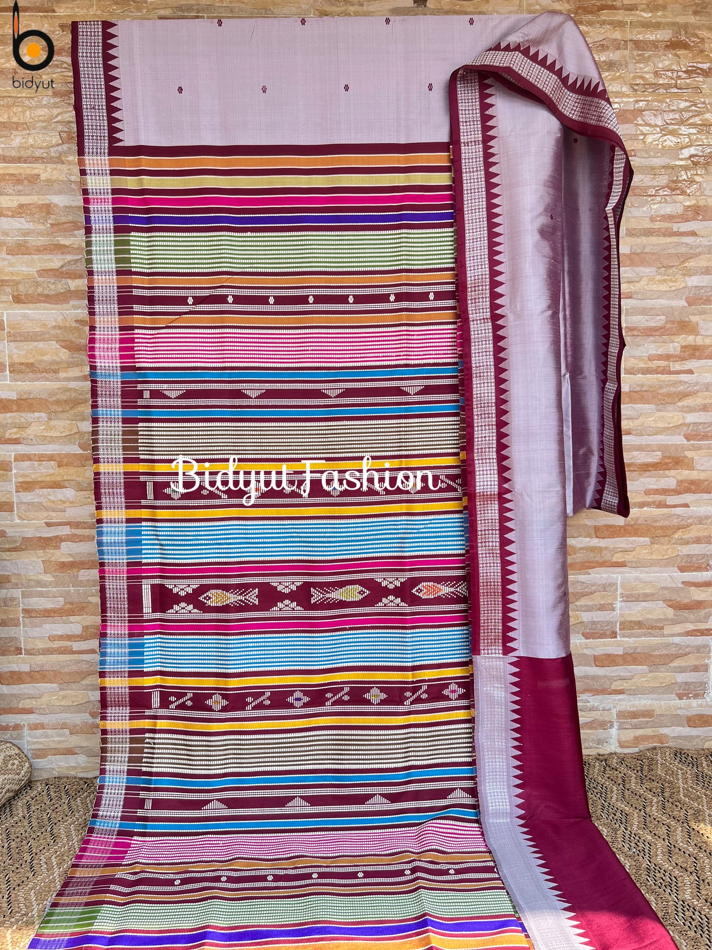 Handlooms of Odisha Berhampuri Double Palla Silk Saree Silver with Wine undertone color