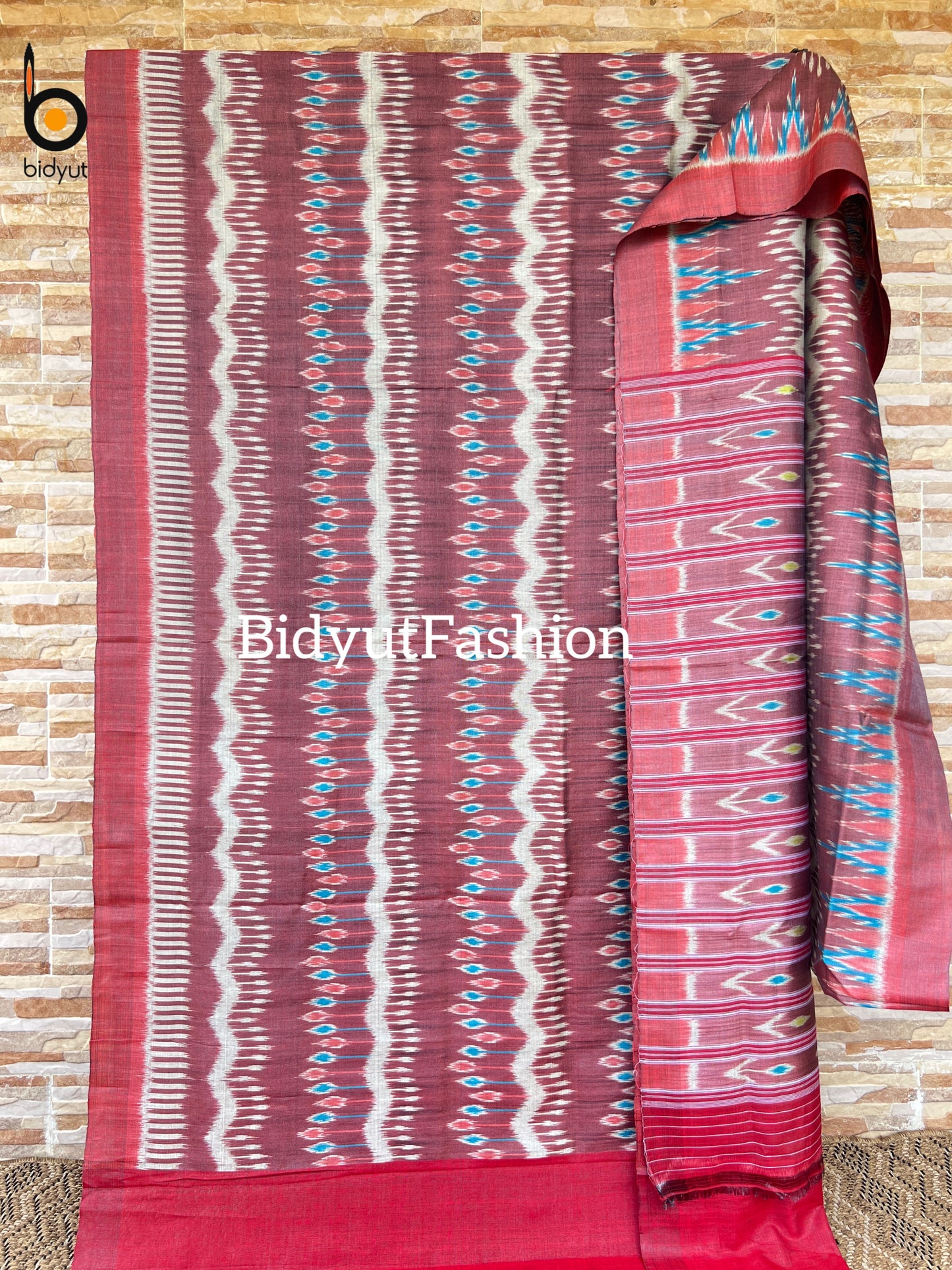 Handlooms of Odisha Gopalpur Ikat Tussar Silk Saree Red color base