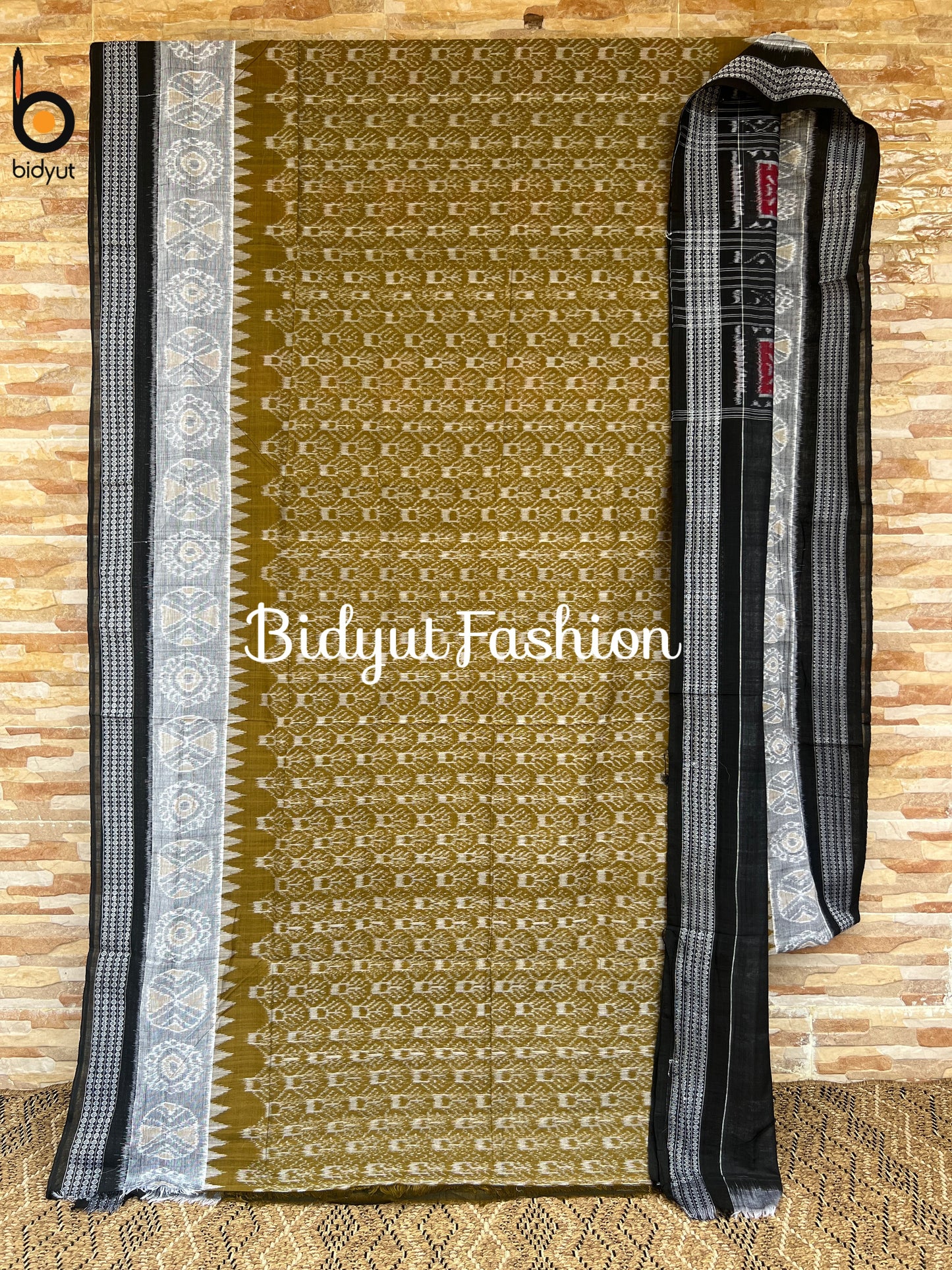 Handlooms of Odisha Sambalpuri Ikat Cotton Saree Olive Green Color