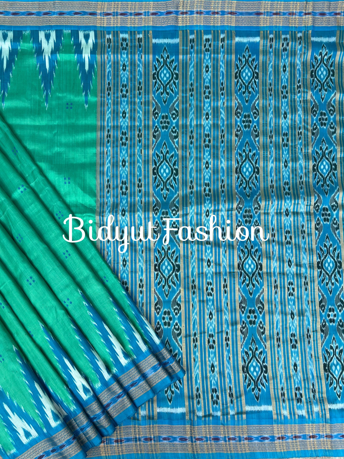 Handlooms of Odisha Nuapatna Khandua Ikat Silk Saree Turquoise Green color