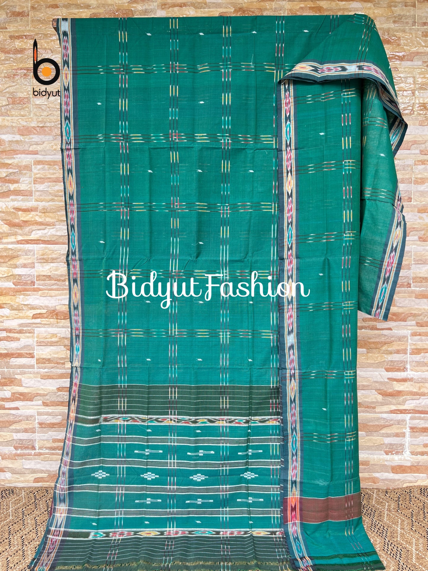 Handlooms of Odisha Jagatsinghput Suta Ikat Cotton Saree Green color
