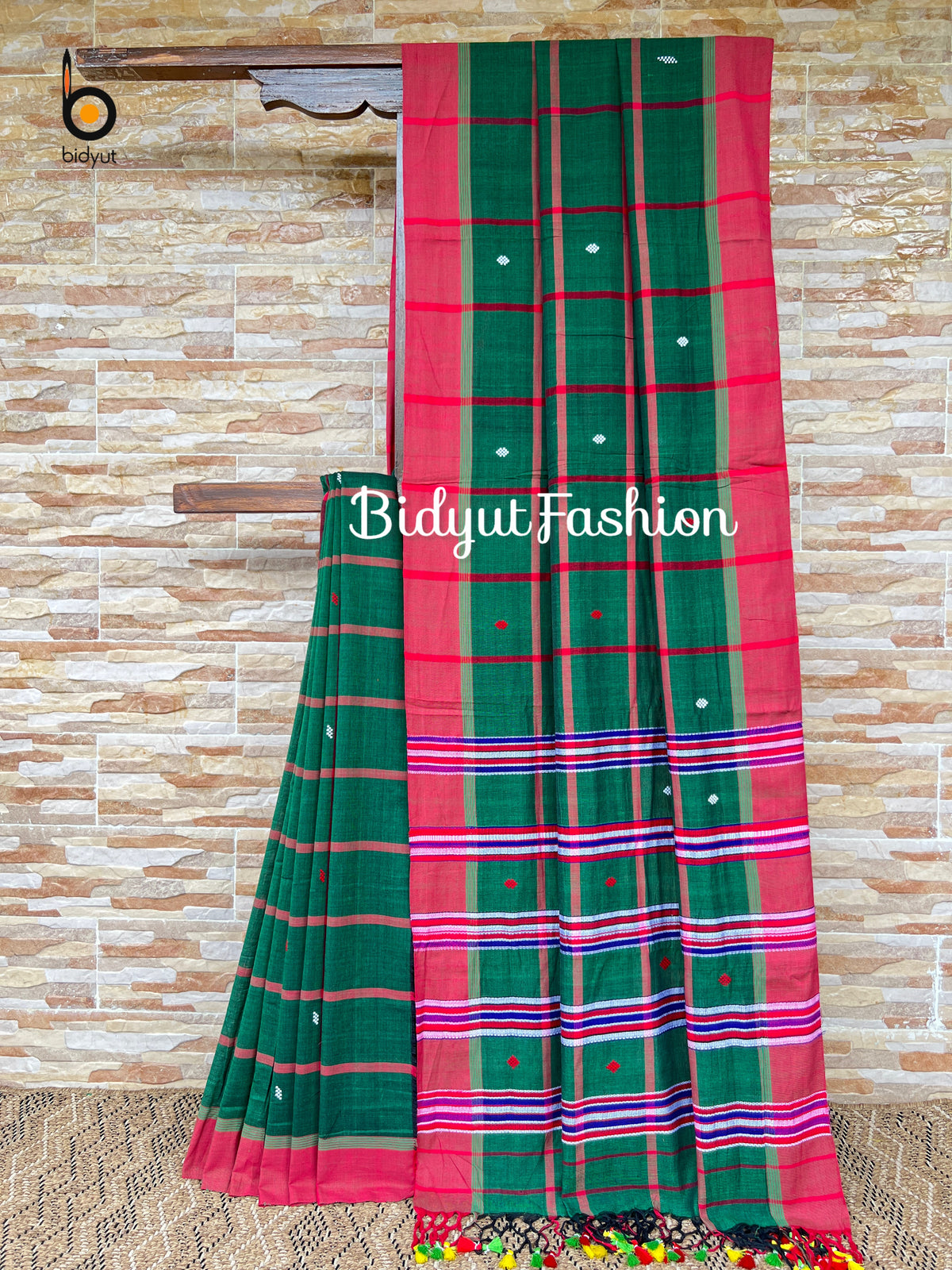 Handlooms of Odisha Santhal Tribal Cotton Sarees Bottle Green color