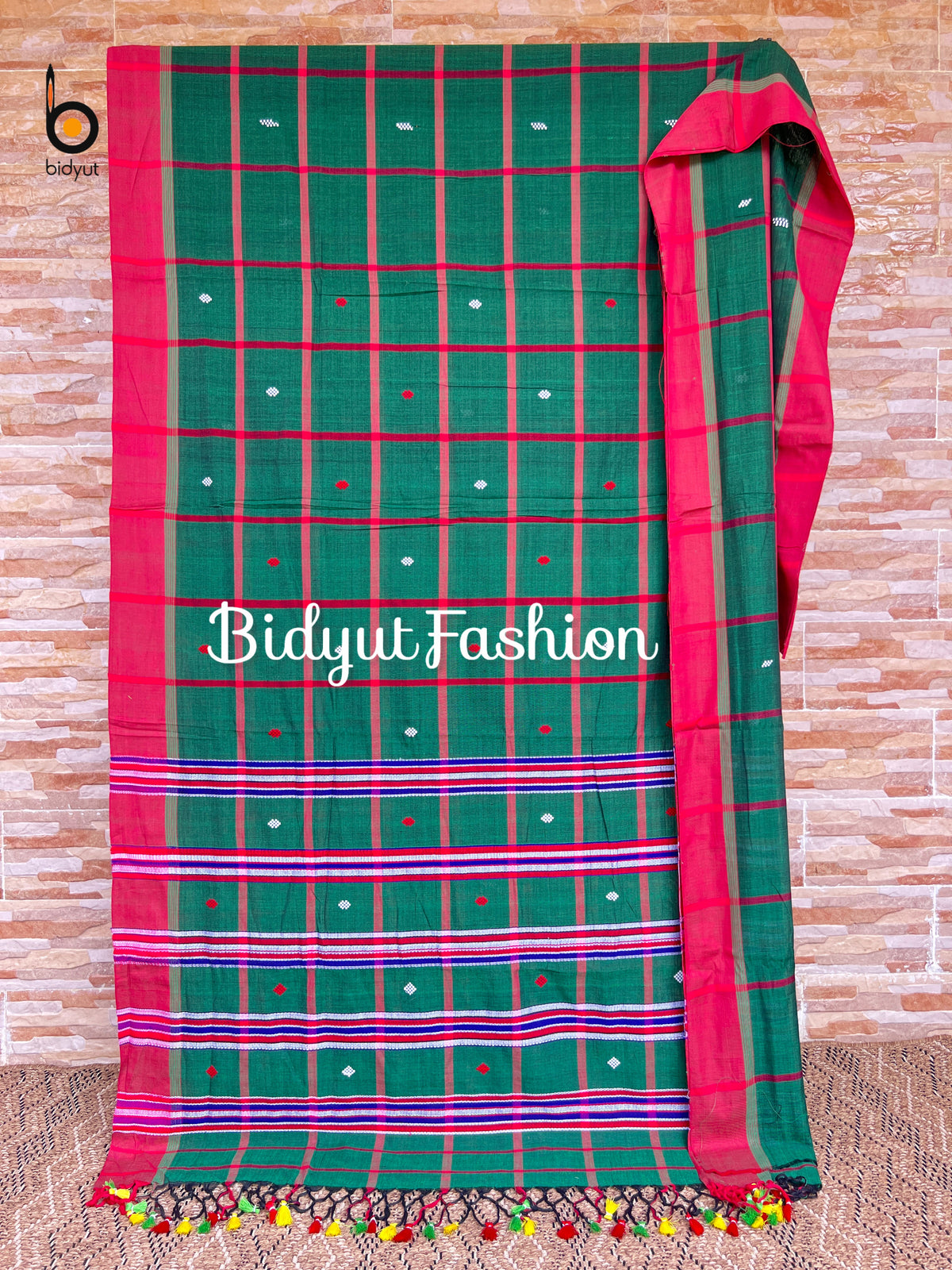 Handlooms of Odisha Santhal Tribal Cotton Sarees Bottle Green color