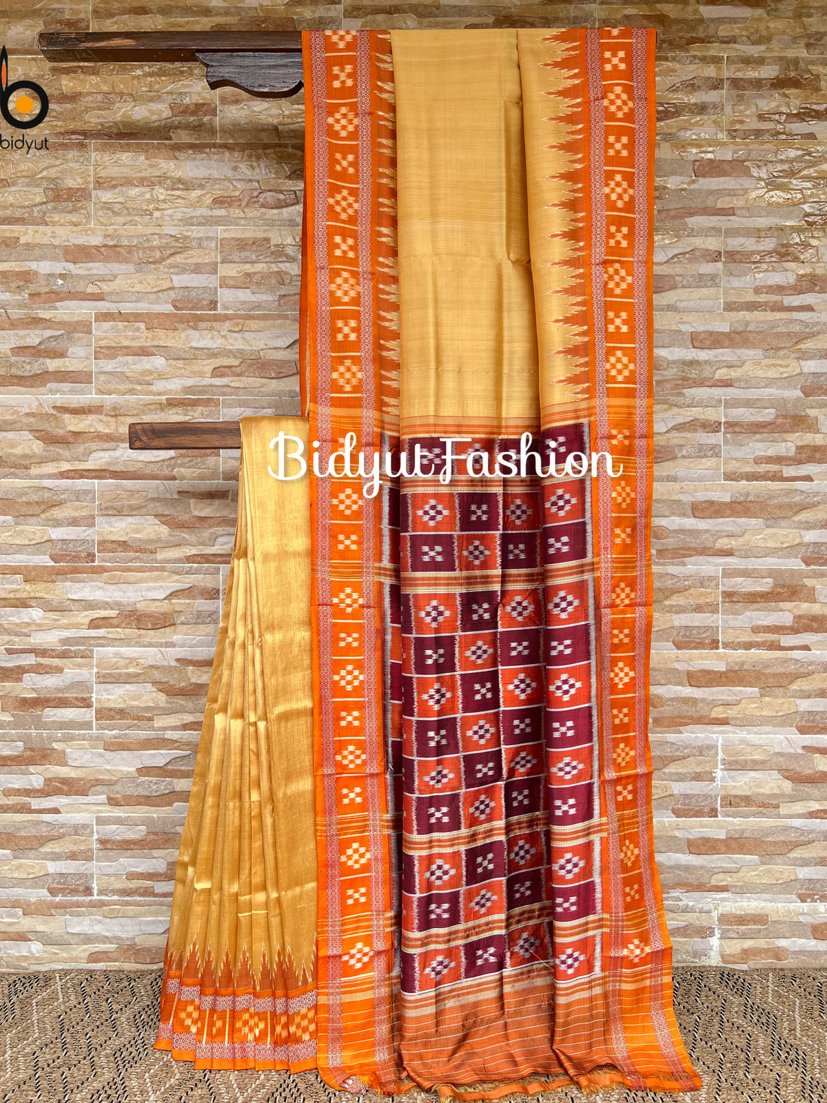 Odisha handloom Nuapatna Khandua Ikat Silk Saree Passapalli border golden Yellow Color