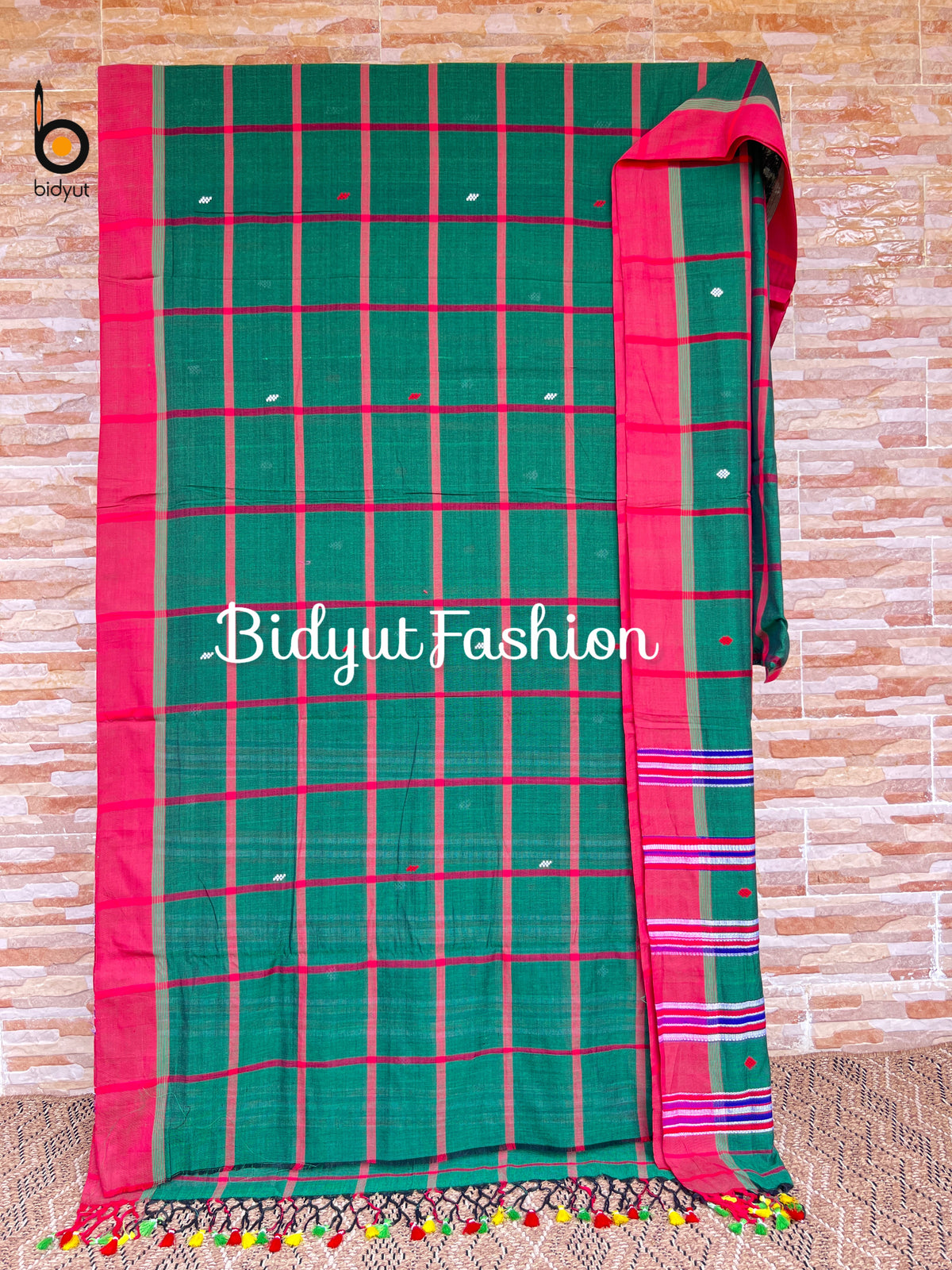 Handlooms of Odisha Santhal Tribal Cotton Sarees Bottle Green color