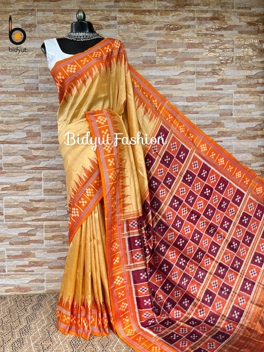 Odisha handloom Nuapatna Khandua Ikat Silk Saree Passapalli border golden Yellow Color