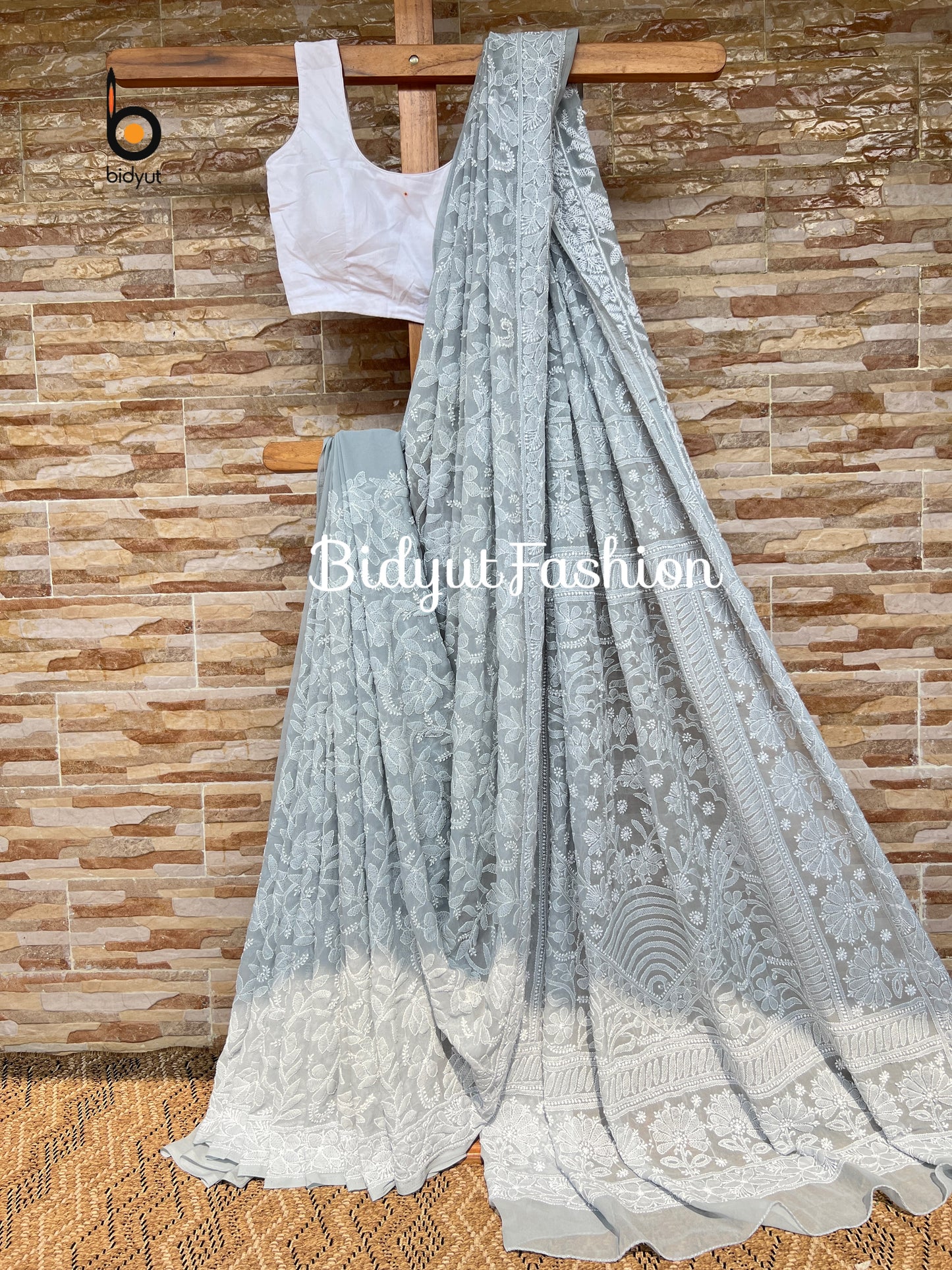 Lucknowi Chikankari all over work hand embroidery georgette Saree grey color