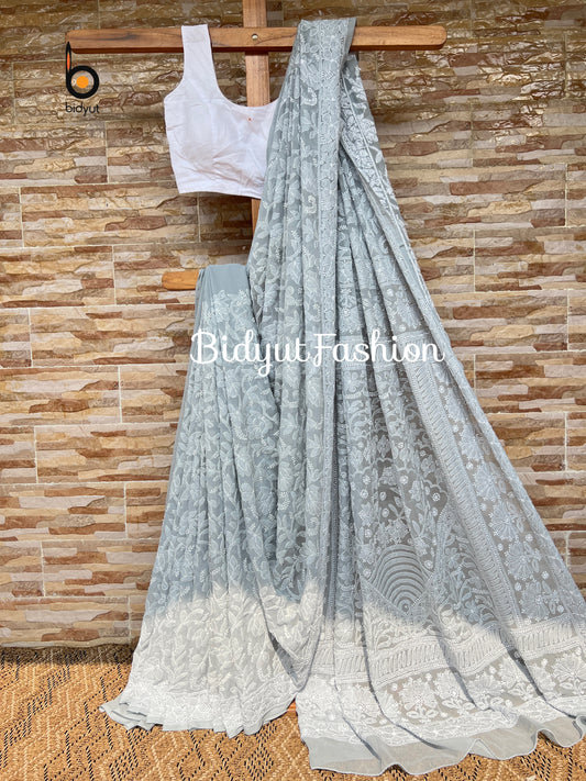 Lucknowi Chikankari all over work hand embroidery georgette Saree grey color