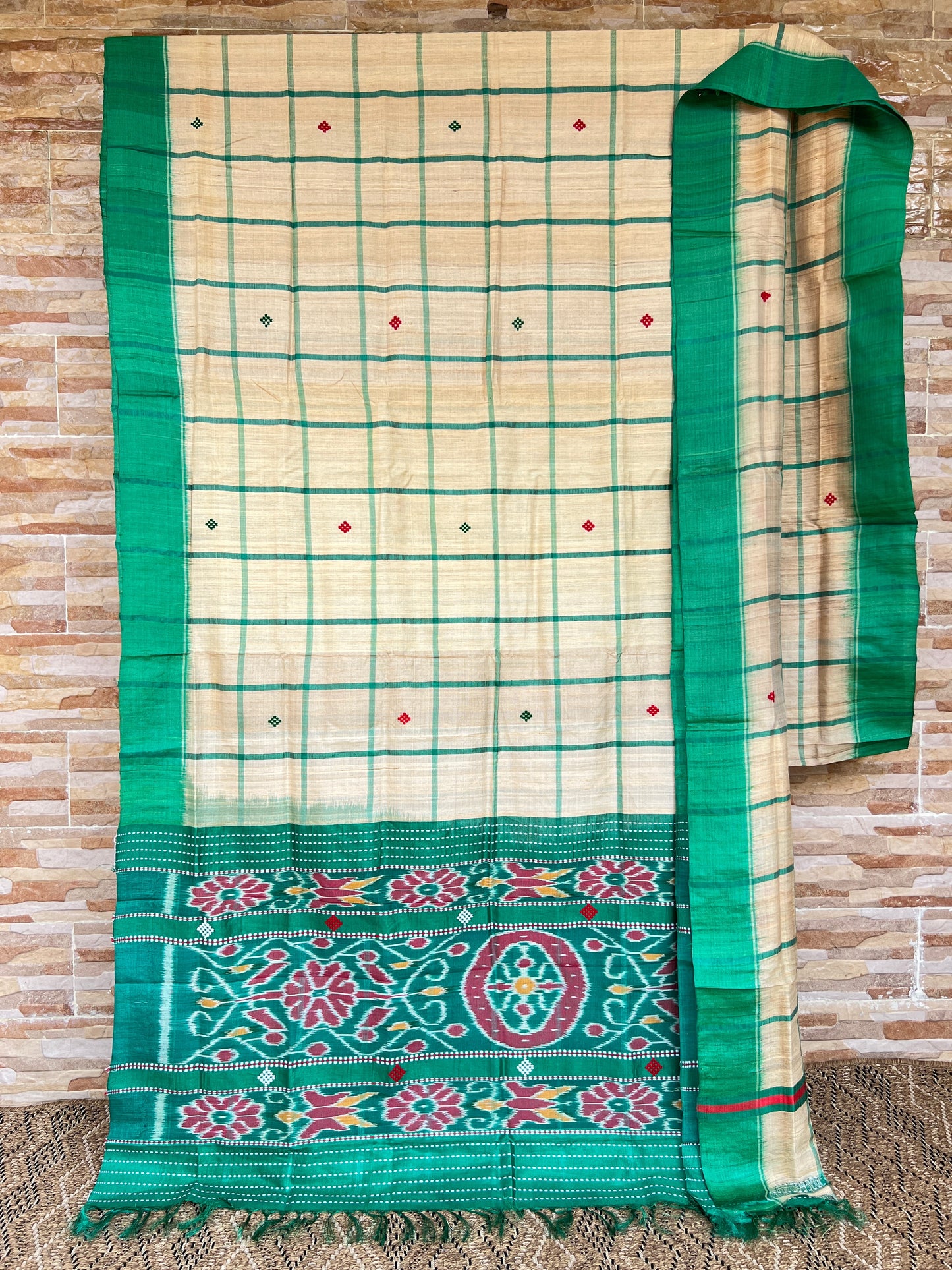 Handlooms of Odisha Santhal Tribal Tussar Silk Sarees Beige Green Color