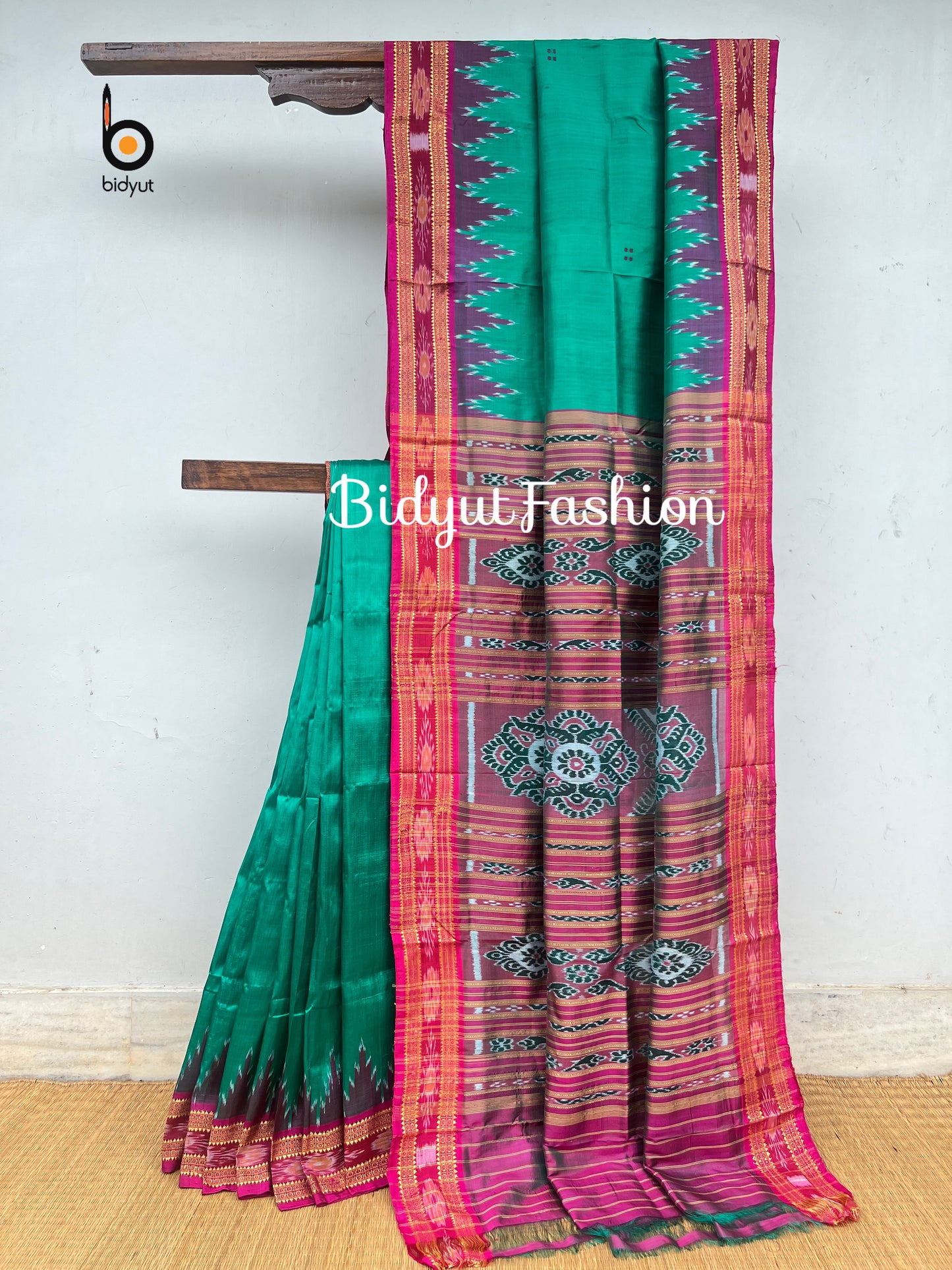 Handlooms of Odisha Nuapatna Khandua Ikat Silk Saree Green Color