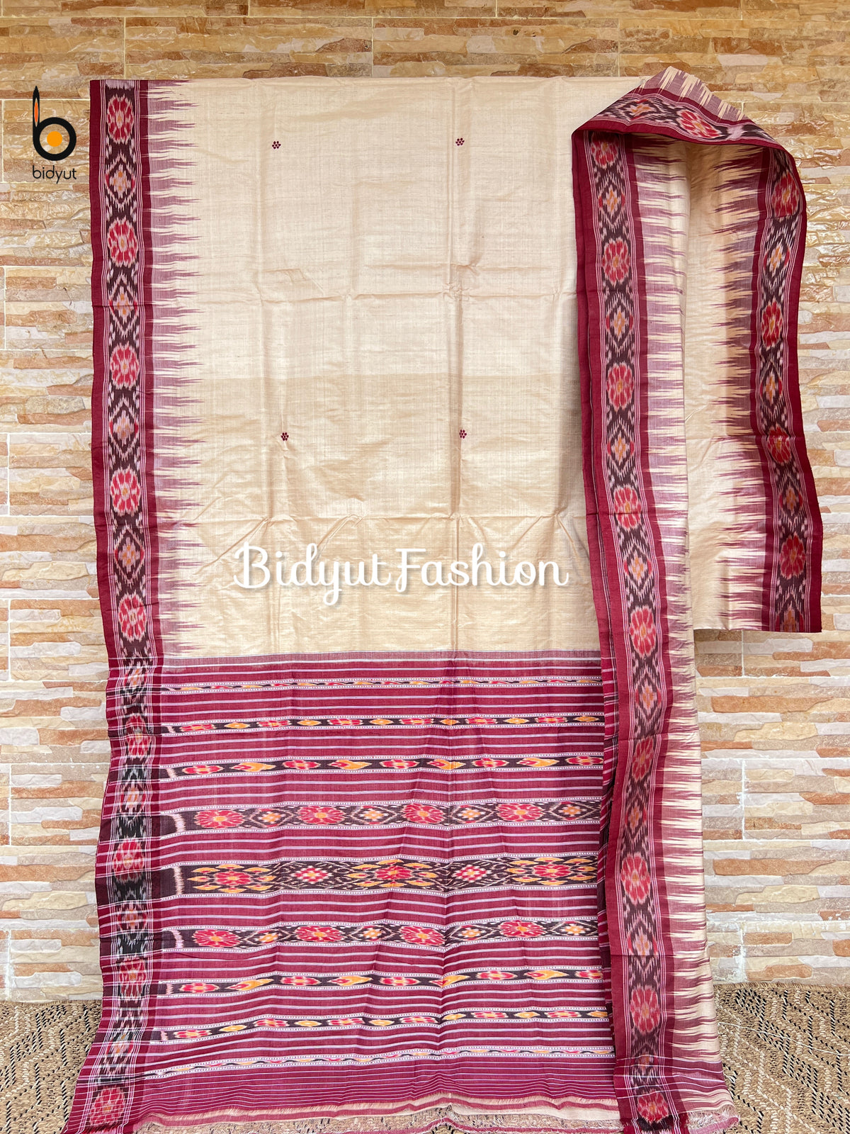 Handlooms of Odisha Gopalpur Ikat Tussar Silk Saree Beige Burgundy Color