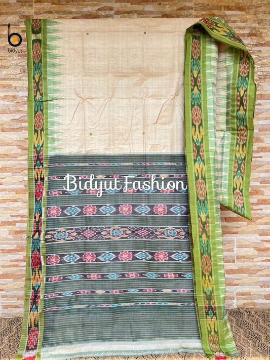 Handlooms of Odisha Gopalpur Ikat Tussar Silk Saree Beige green color